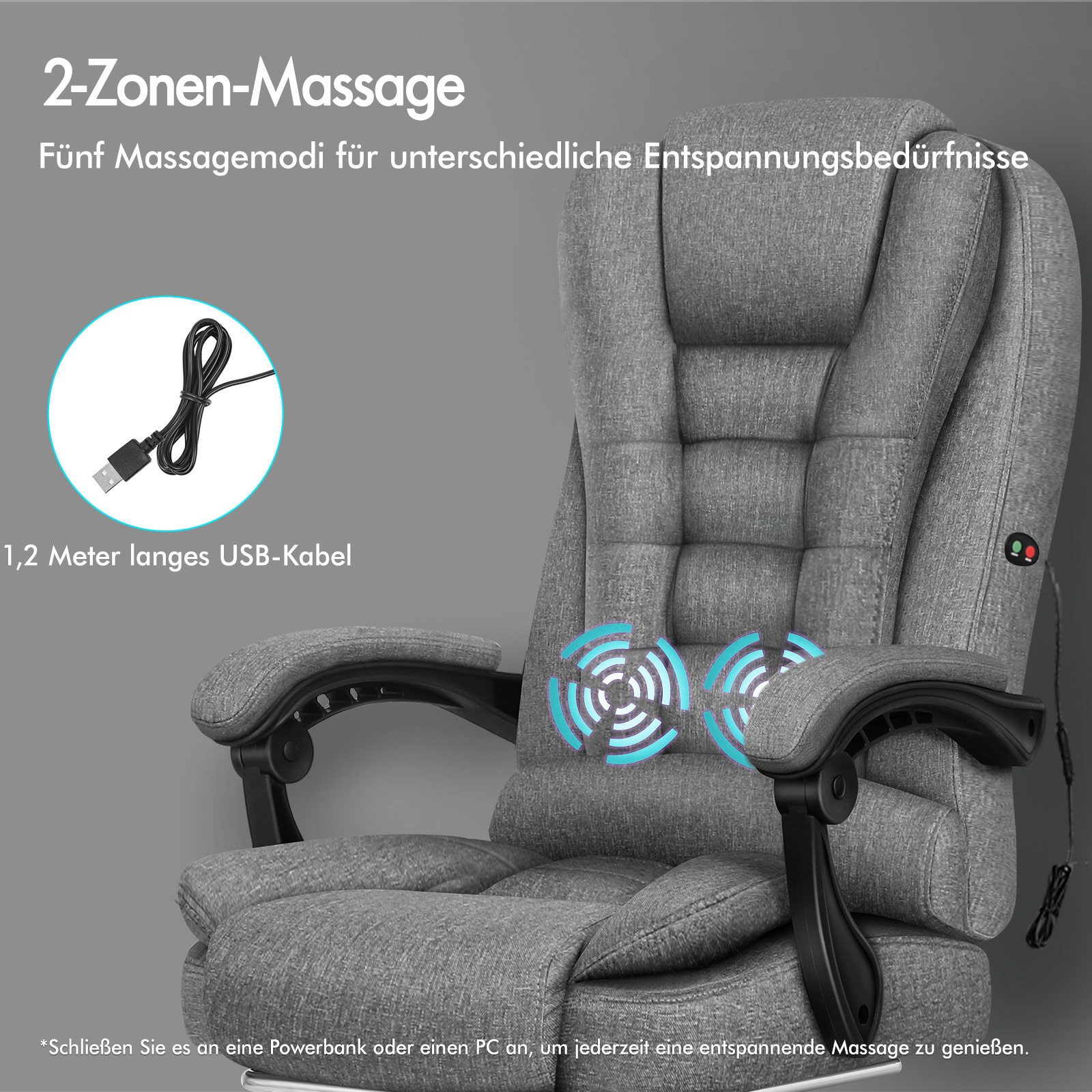 Grauer Massagestuhl mit USB-Kabel. Text: 2-Zonen-Massage, 5 Modi. Ikonen stellen Massagezonen dar.