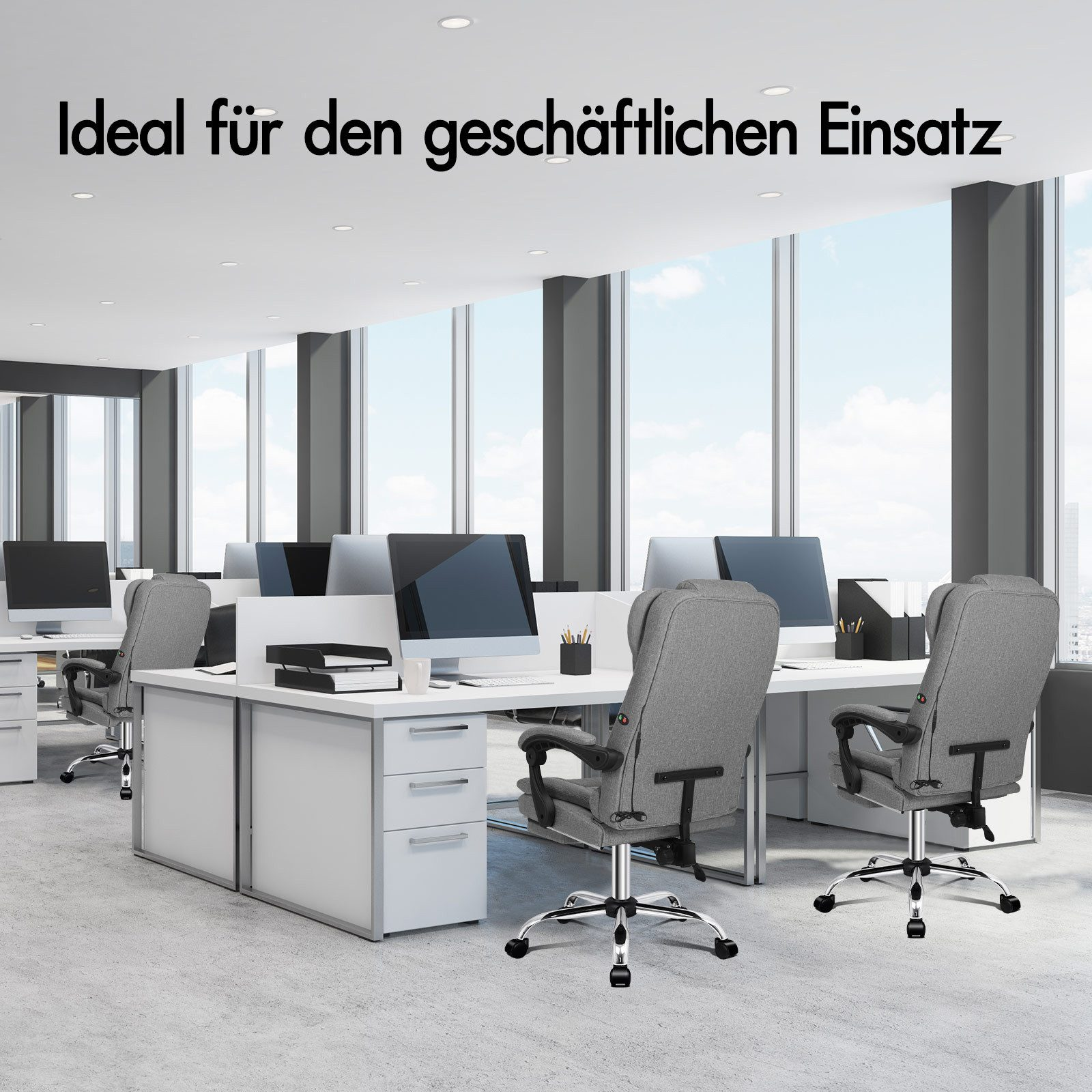 Büro mit Schreibtischen, Computern und grauen Stühlen. Große Fenster zeigen ein Stadtbild. Der Text lautet 'Ideal für den geschäftlichen Einsatz'.