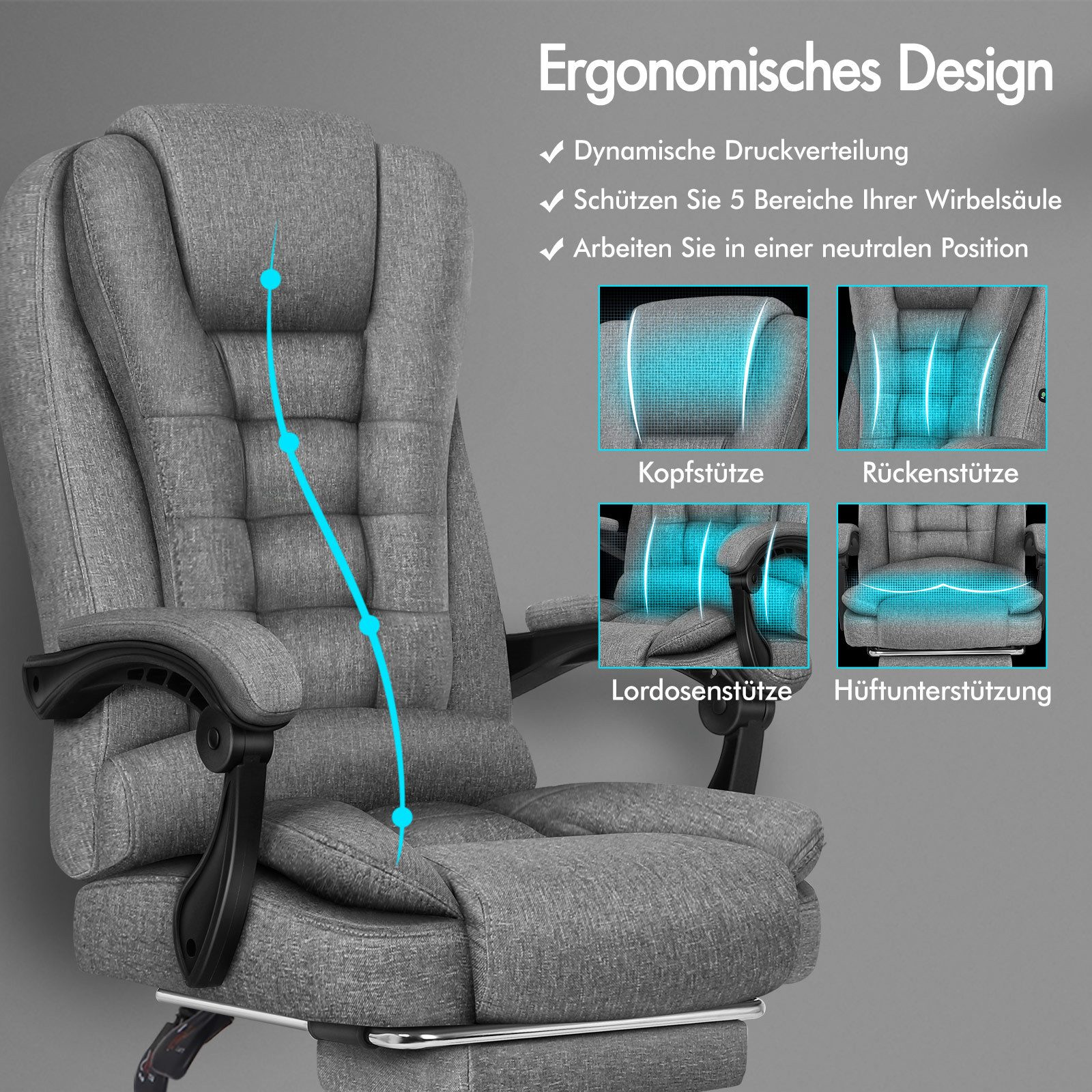 Grauer ergonomischer Bürostuhl mit Kopfstütze und Lendenwirbelstütze, der wichtige Merkmale hervorhebt.