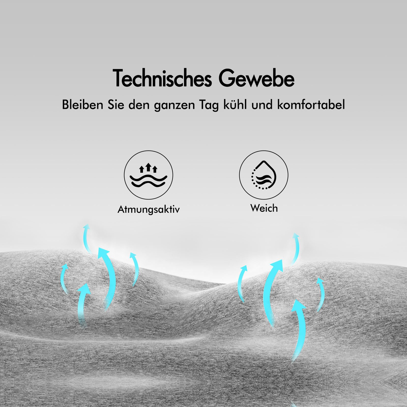 Bild mit deutschem Text: Technisches Gewebe. Enthält Symbole für Atmungsaktivität und Weichheit, mit blauen Pfeilen.
