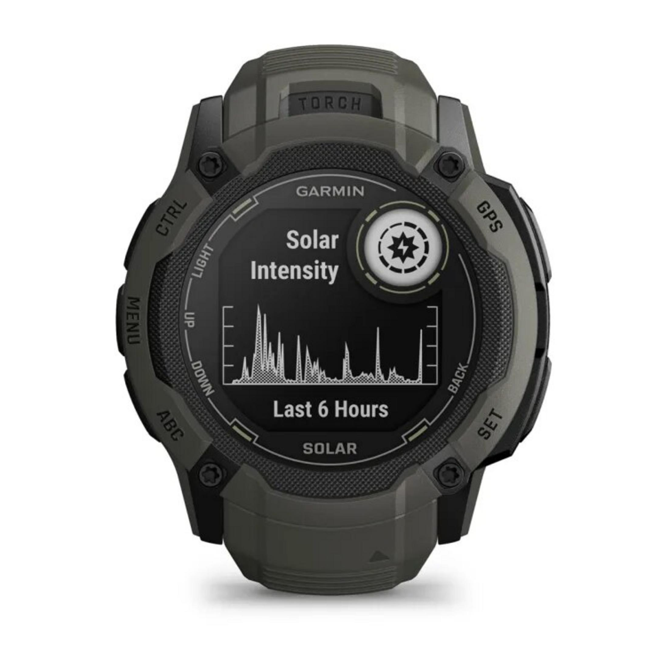 Un reloj Garmin muestra datos de intensidad solar. Es un reloj gris oscuro con pantalla redonda que muestra un gráfico.