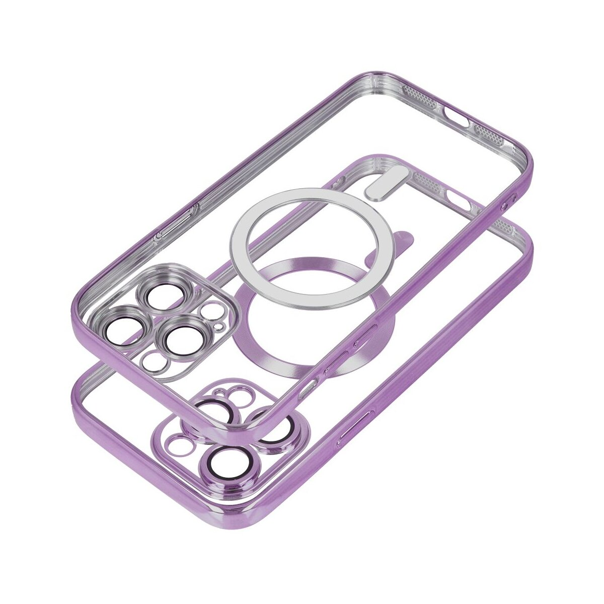 Transparente Handyhülle in Schichten. Mit lilafarbenen Rändern, klarem Zentrum und einem silbernen Ring.