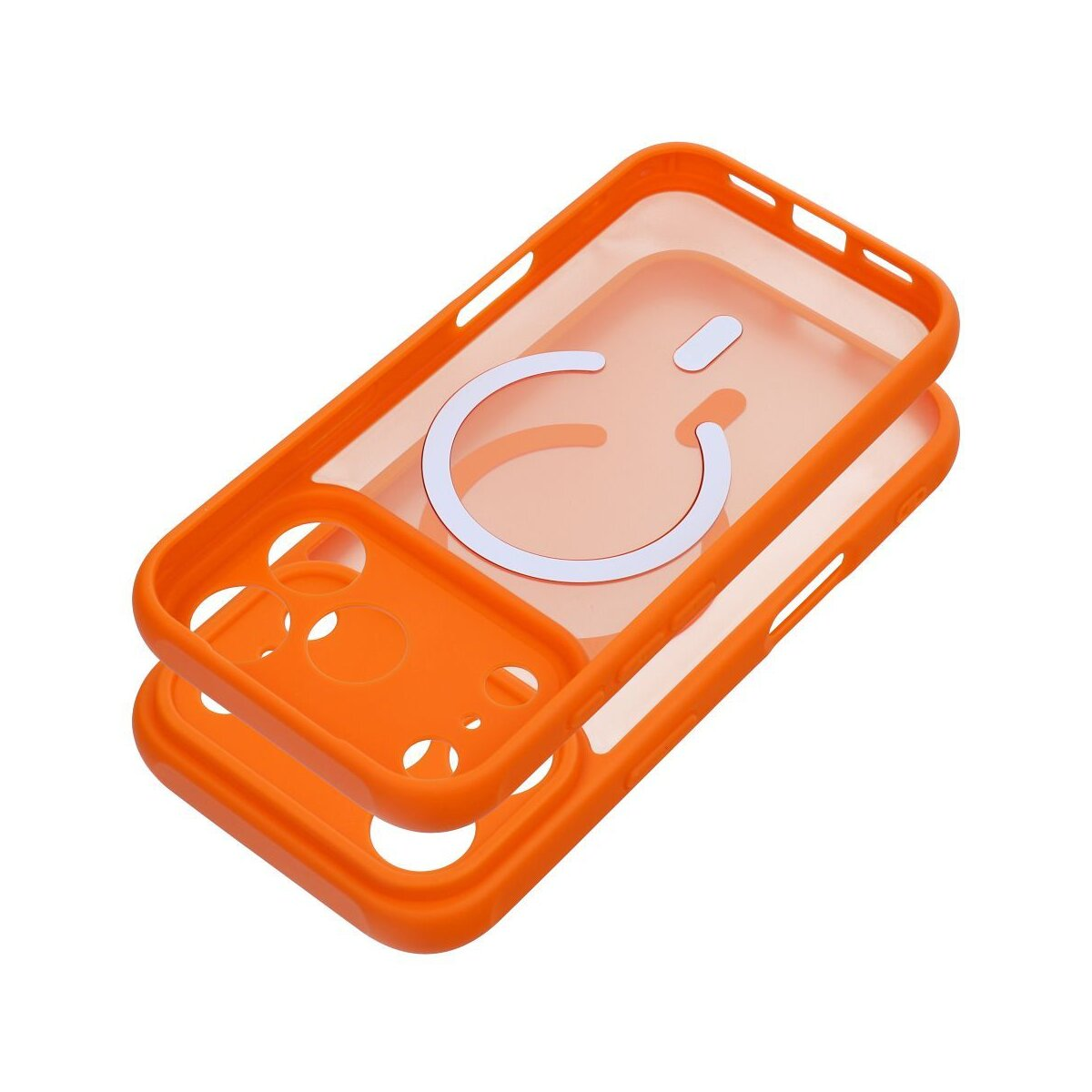 Eine orangefarbene Handyhülle mit einem durchsichtigen Mittelteil und weißem Design. Sie besteht aus zwei Teilen, der obere ist leicht angehoben.