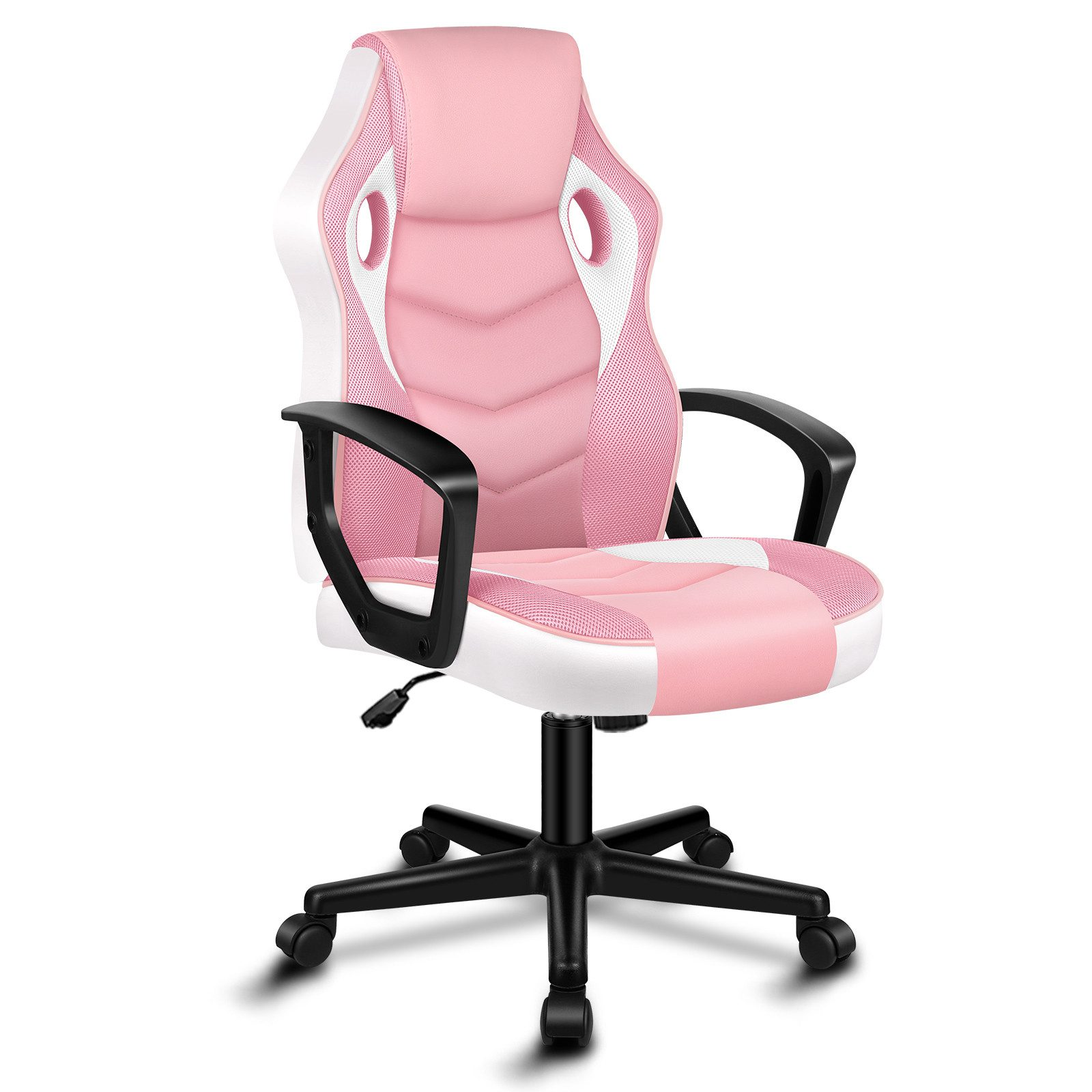 Rosa-weißer Gaming-Stuhl mit schwarzen Armlehnen und schwarzem Fuß.