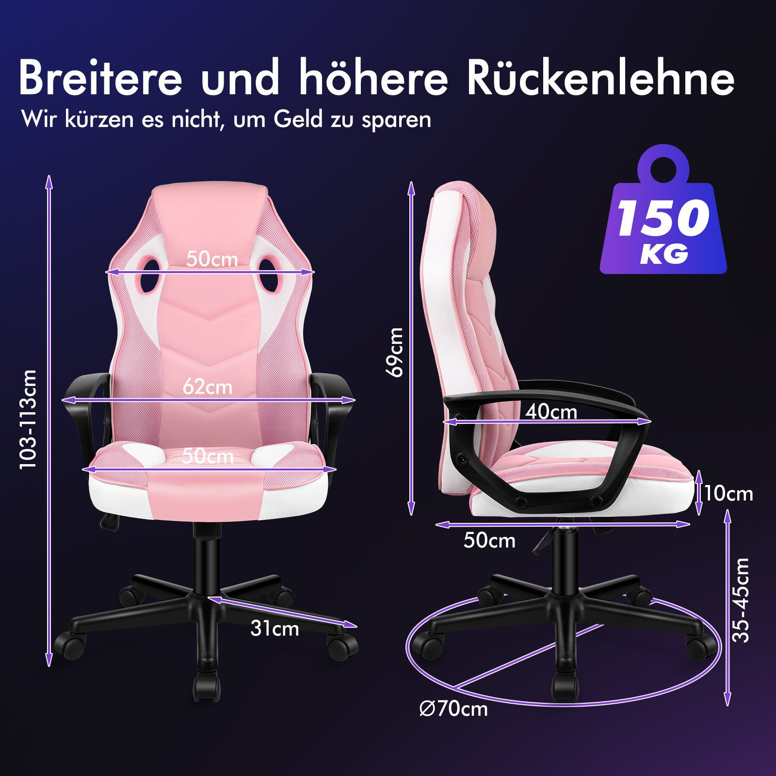 Rosa-weißer Gaming-Stuhl mit Maßangaben. Er hat eine hohe Rückenlehne, Armlehnen und ein Fünf-Rollen-Gestell.