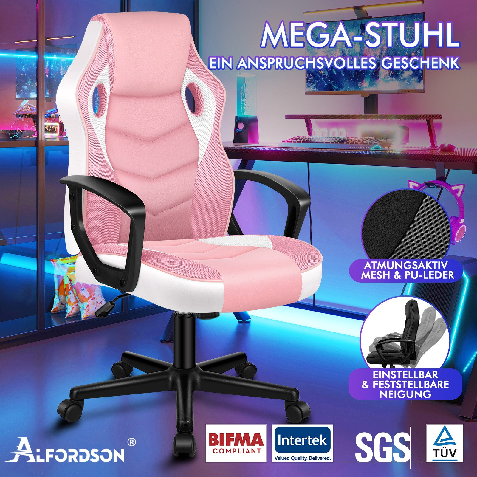 Ein rosa-weißer Gaming-Stuhl mit schwarzen Armlehnen steht vor einem Gaming-Setup.