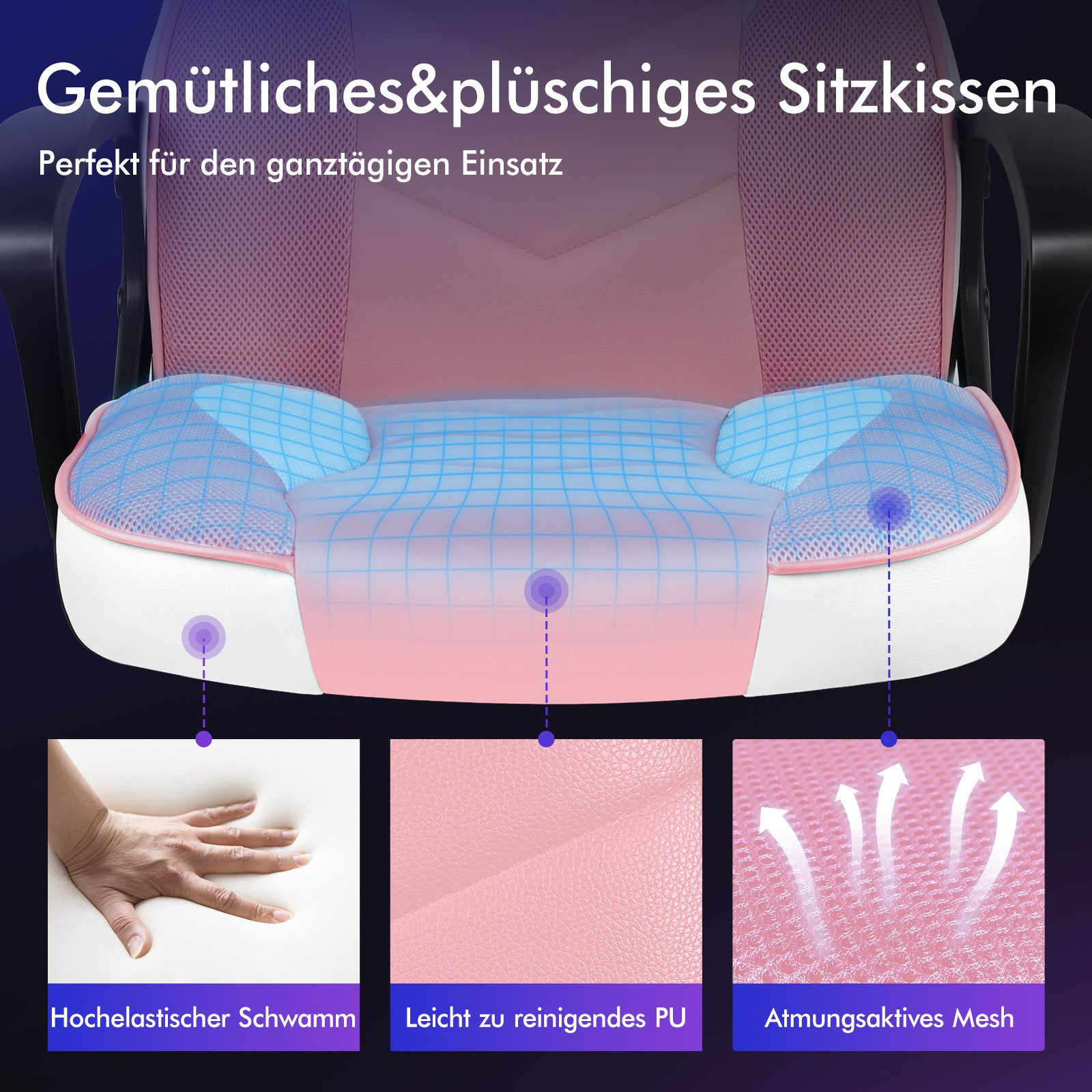 Rosa-weißer ergonomischer Stuhlsitz. Merkmale: hochelastischer Schwamm, leicht zu reinigendes PU und atmungsaktives Mesh.