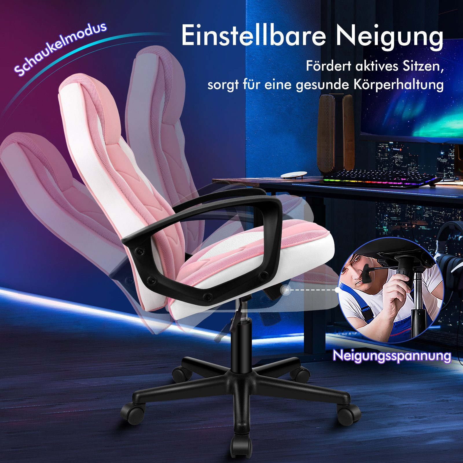 Rosa-weißer Gaming-Stuhl mit schwarzen Akzenten. Zeigt die Kippfunktion. Eine Person stellt den Stuhl ein.