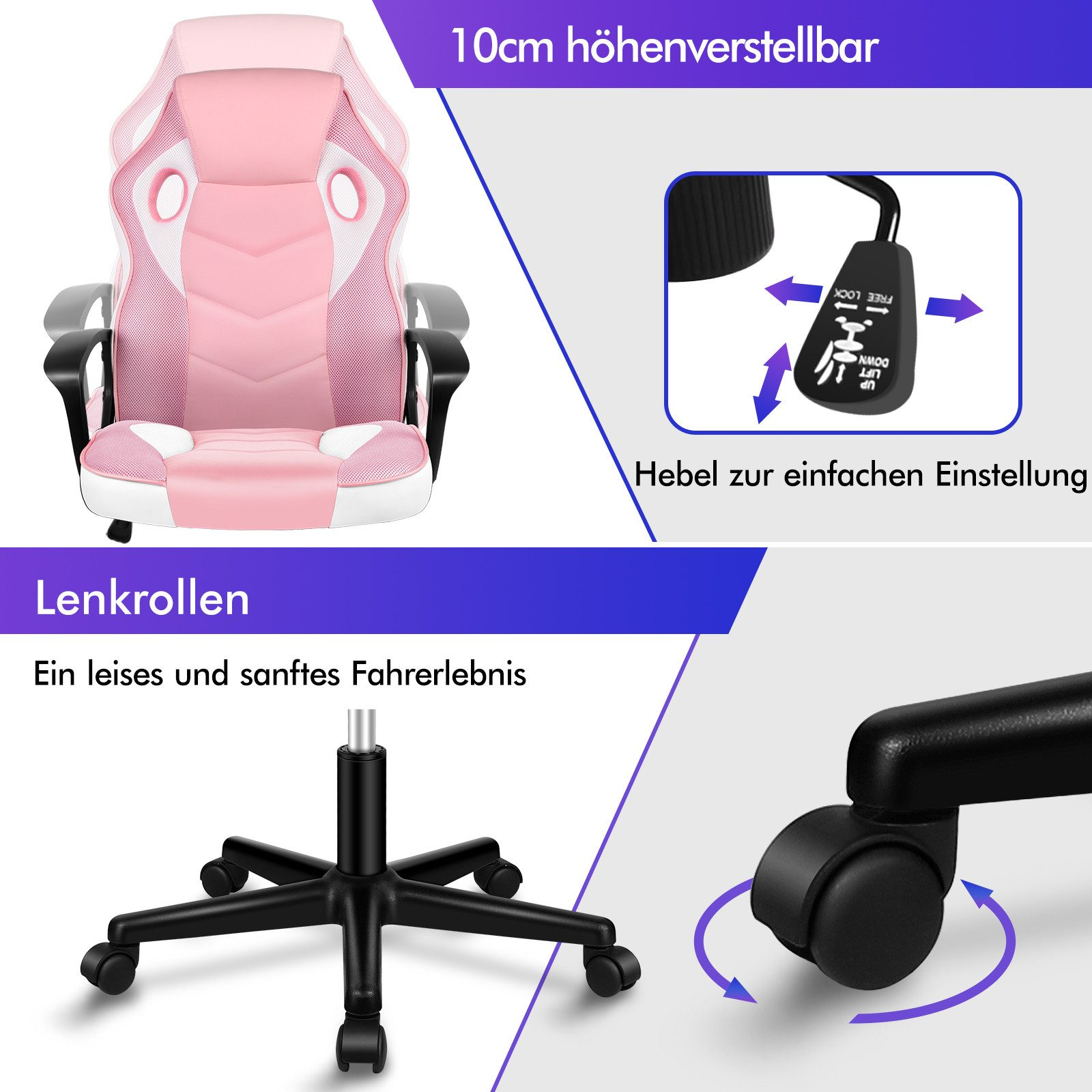 Rosa Gaming-Stuhl mit weißen Akzenten. Merkmale sind Höhenverstellung, Hebel und leichtgängige Rollen.