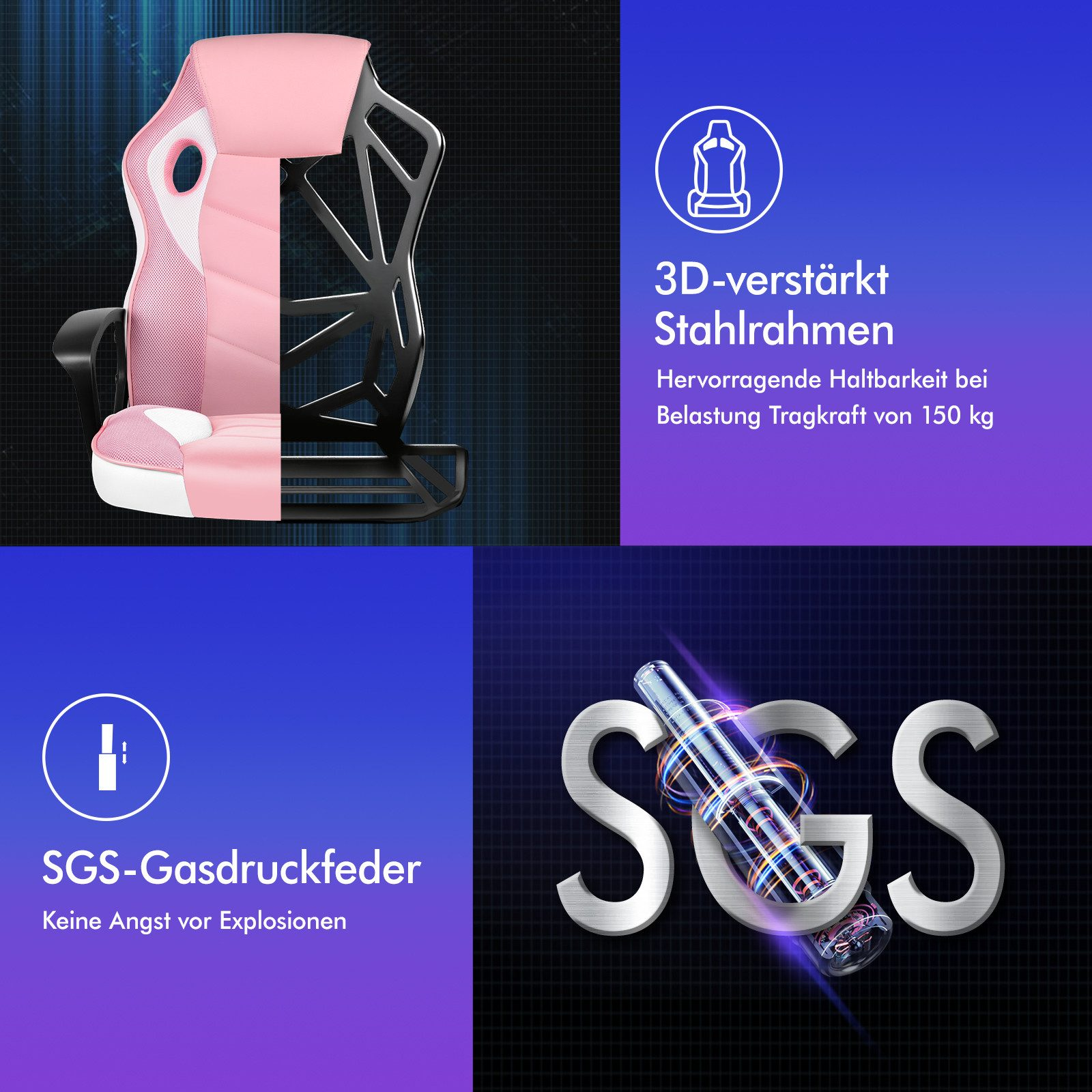 Ein pinkfarbener Gaming-Stuhl, geteilte Ansicht. Details zu 3D-Stahlrahmen und SGS-Gasfeder werden angezeigt. Logos und Text sind ebenfalls sichtbar.