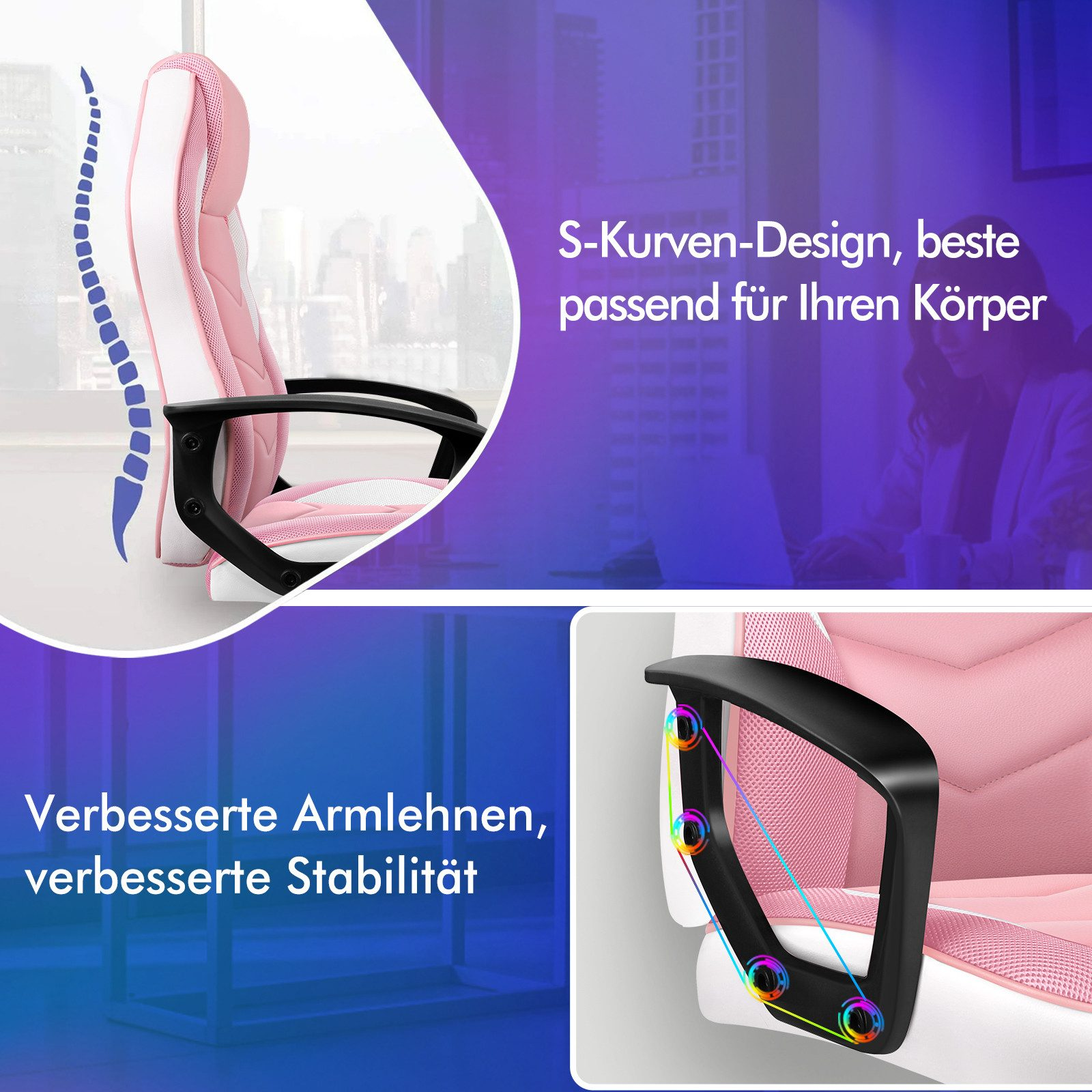 Ergonomischer Bürostuhl in Rosa und Weiß. Merkmale: geschwungenes Design, Armlehnen und erhöhte Stabilität.