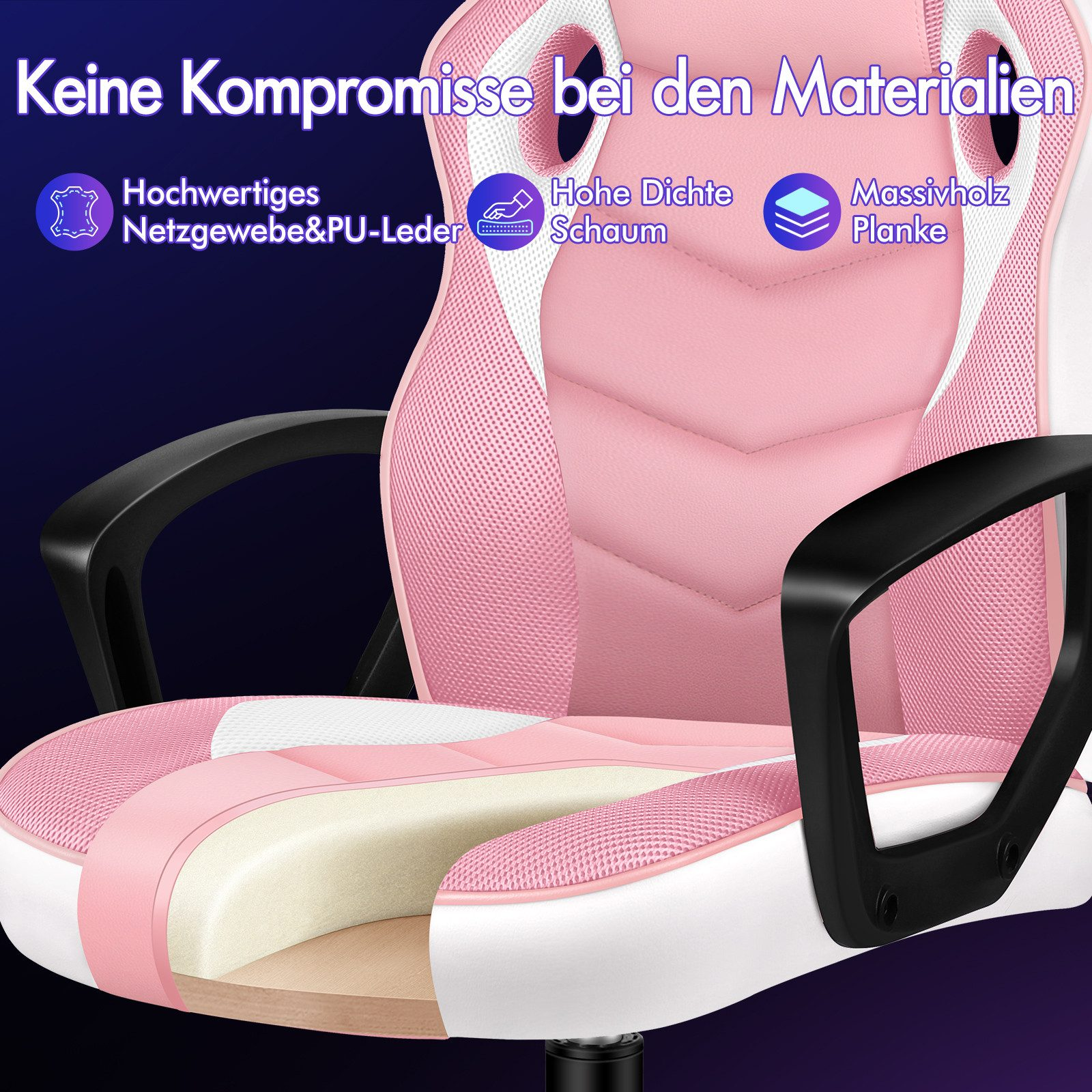 Rosa-weißer Gaming-Stuhl mit schwarzen Armlehnen. Zeigt Schichten: Mesh, PU-Leder, Schaumstoff und Holz.