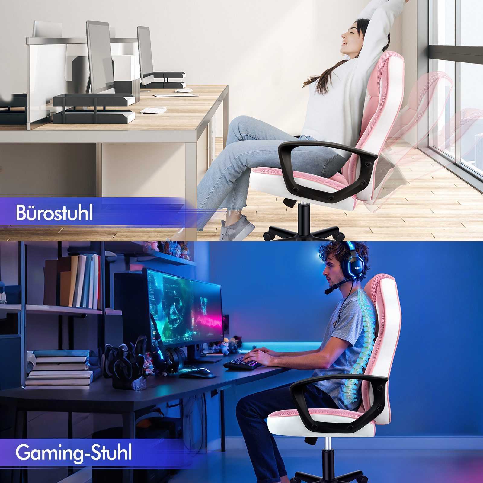 Das Bild zeigt zwei Szenen. Oben: Frau im Bürostuhl. Unten: Mann, der im Gaming-Stuhl spielt. Beide Stühle haben rosa Akzente.