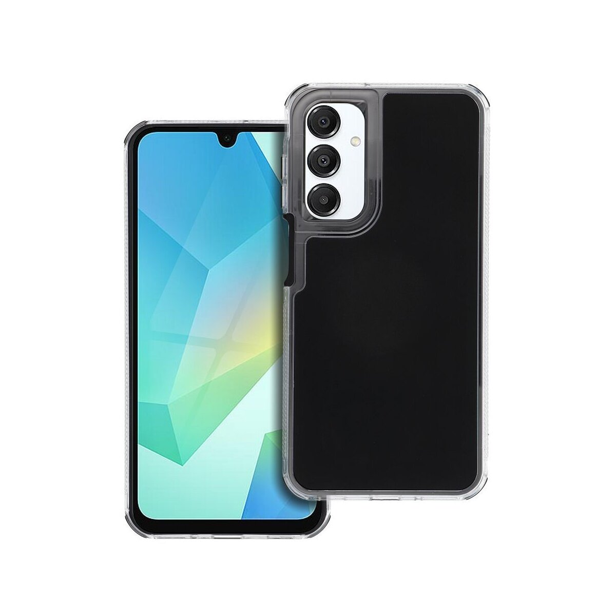 Ein Smartphone mit einer durchsichtigen Hülle. Der Bildschirm zeigt ein blaues geometrisches Muster. Die Hülle hat eine Kameraaussparung mit drei Linsen.
