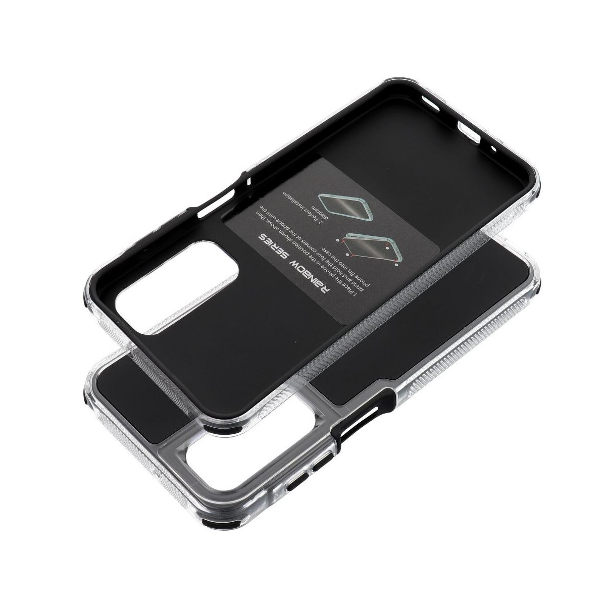 Handyhülle, schwarze Innenseite und transparenter Rahmen. Gebrauchsanweisung sichtbar. Die Hülle ist zweiteilig. Weißer Hintergrund.