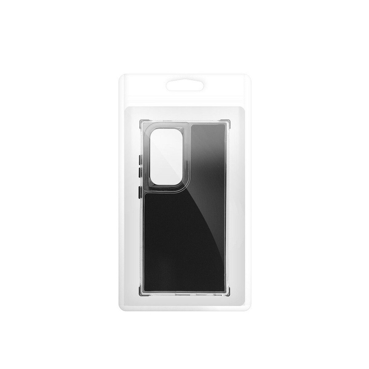 Eine transparente Handyhülle in einer weißen Plastikverpackung. Die Hülle ist schwarz und bedeckt Kamera und Bildschirm.