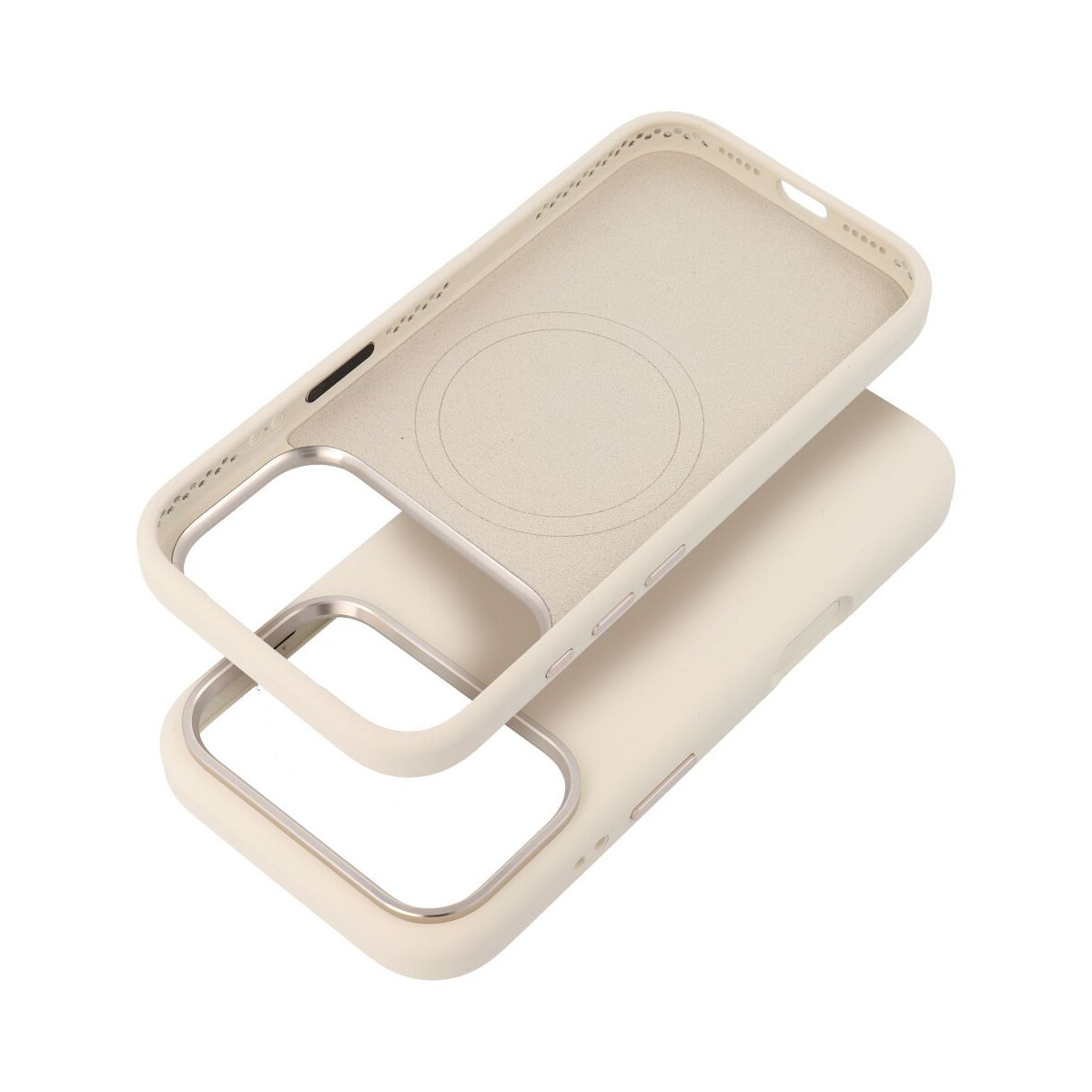 Zweiteilige Handyhülle in Off-White. Das Oberteil ist angehoben und zeigt eine kreisförmige Markierung. Metallische Akzente säumen die Kanten.