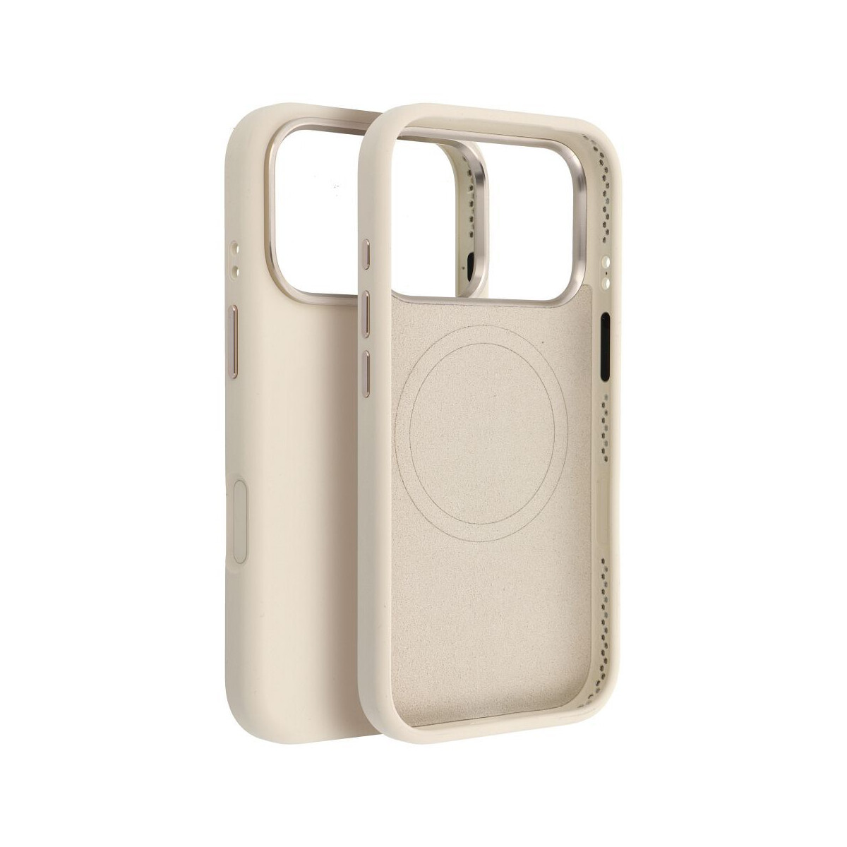 Zwei beige Handyhüllen. Eine ist offen und zeigt die Innenseite mit einem kreisförmigen Design. Beide Hüllen haben metallische Akzente.