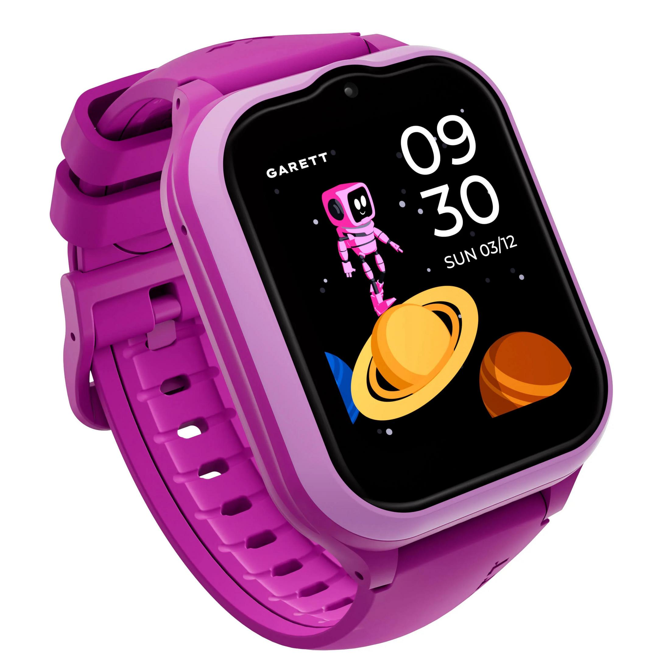Uno smartwatch viola con un robot sullo schermo. Lo schermo mostra l'ora e i pianeti.