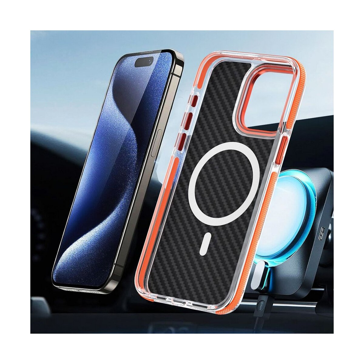 Zwei Smartphones, eines mit Hülle, liegen auf einer Oberfläche. Das Telefon in der Hülle hat ein kreisförmiges Magnetdesign.