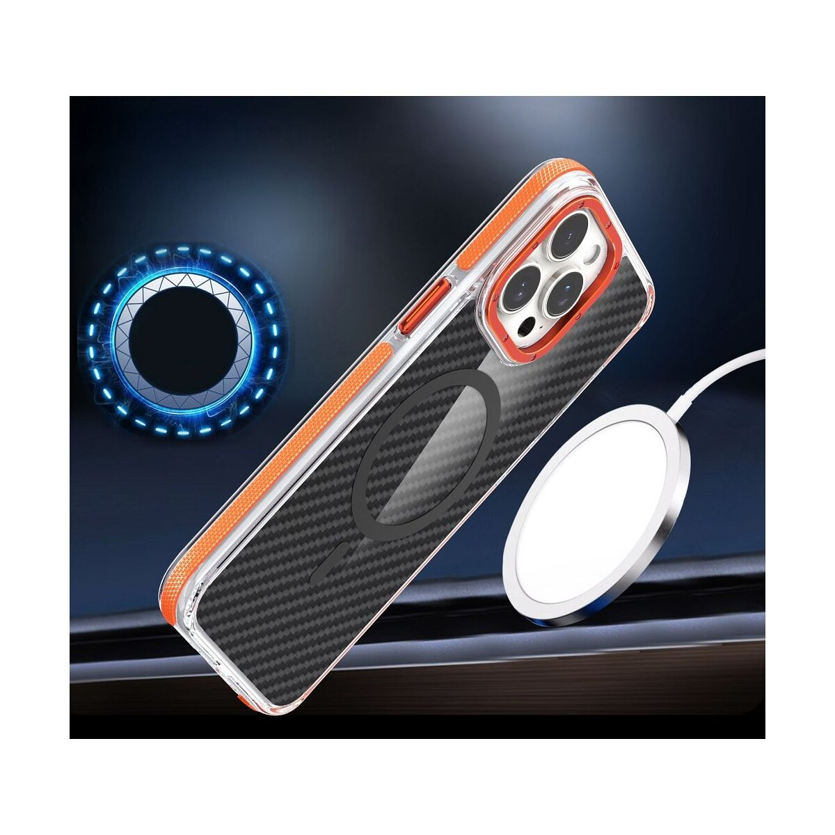 Eine iPhone-Hülle mit orangefarbenem Rand, Karbonfasermuster und ein kabelloses Ladegerät werden auf dunkler Oberfläche mit blauen Lichtern angezeigt.