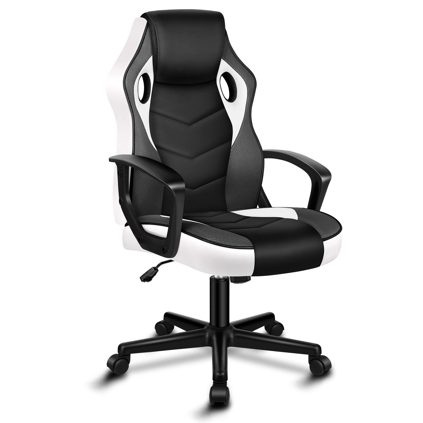 Ein Gaming-Stuhl mit schwarz-weißem Design. Er hat Armlehnen und ein Fünf-Rad-Gestell. Der Hintergrund ist weiß.
