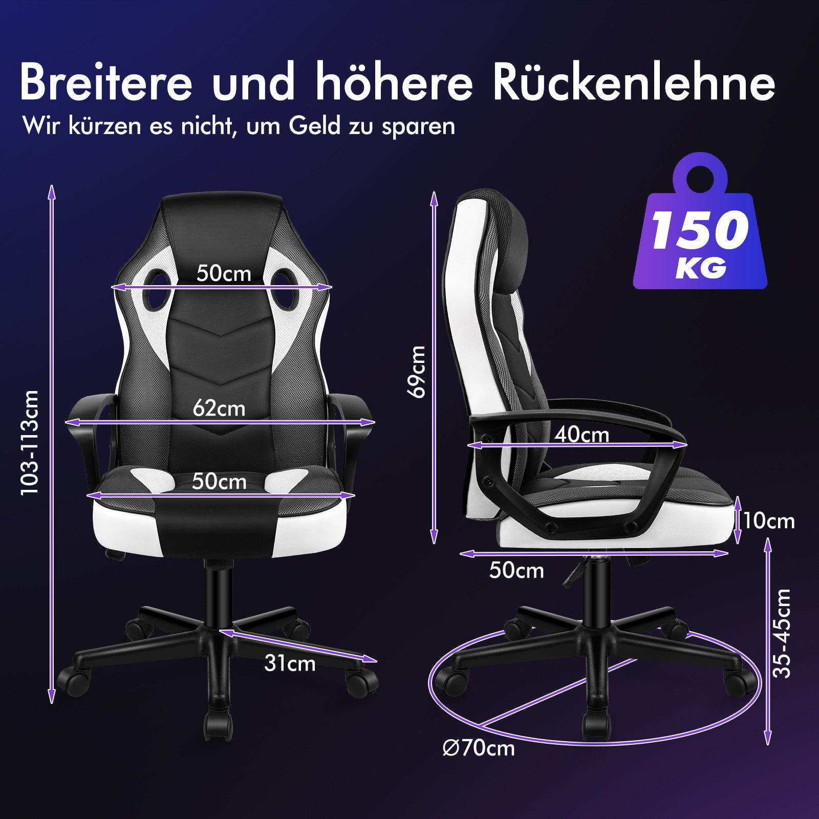 Das Bild zeigt einen schwarz-weißen Gaming-Stuhl mit Maßangaben auf dunkelblauem Hintergrund.