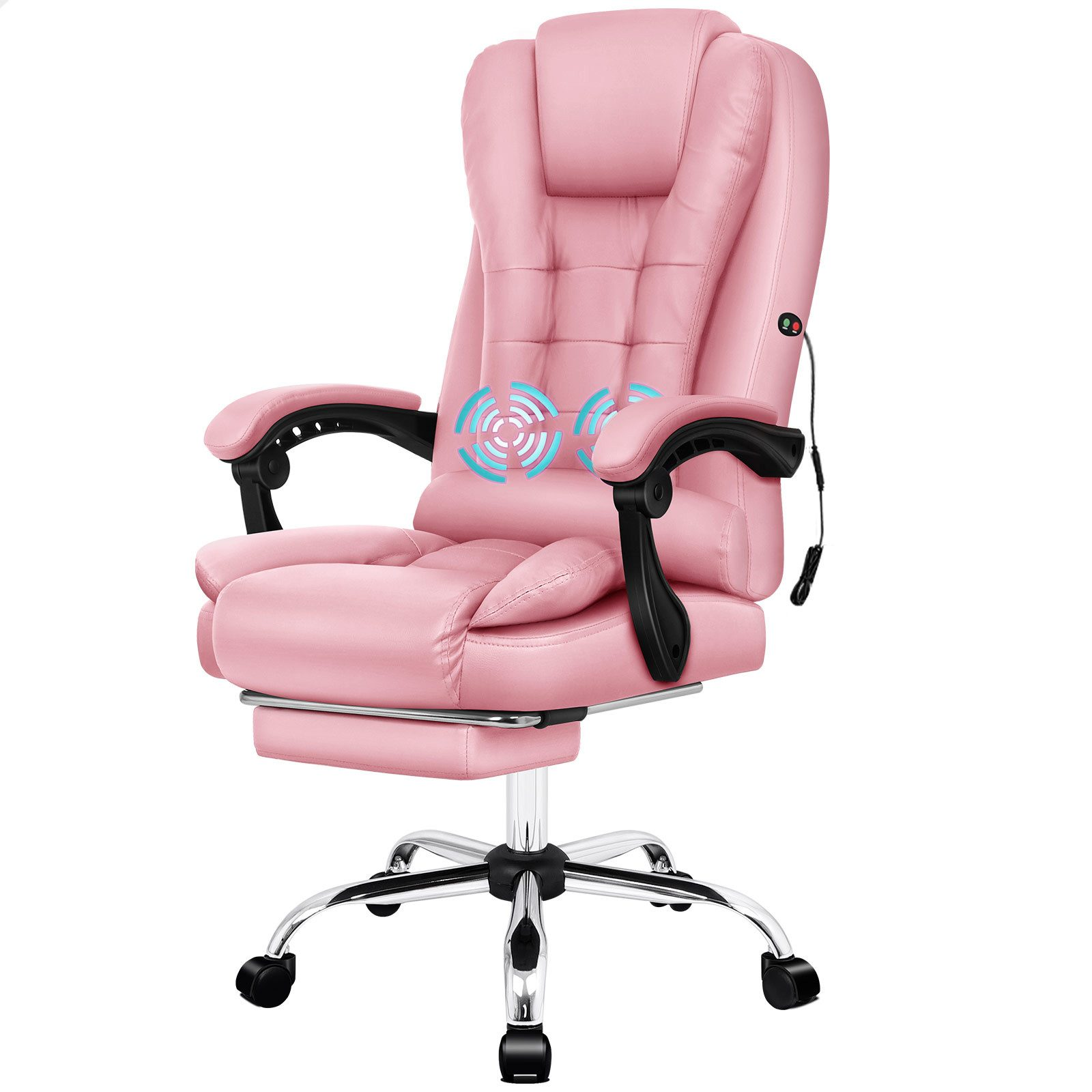 Rosa Bürostuhl mit schwarzen Armlehnen, Chromfuß und Fußstütze. Eine Massagefunktion ist angedeutet.