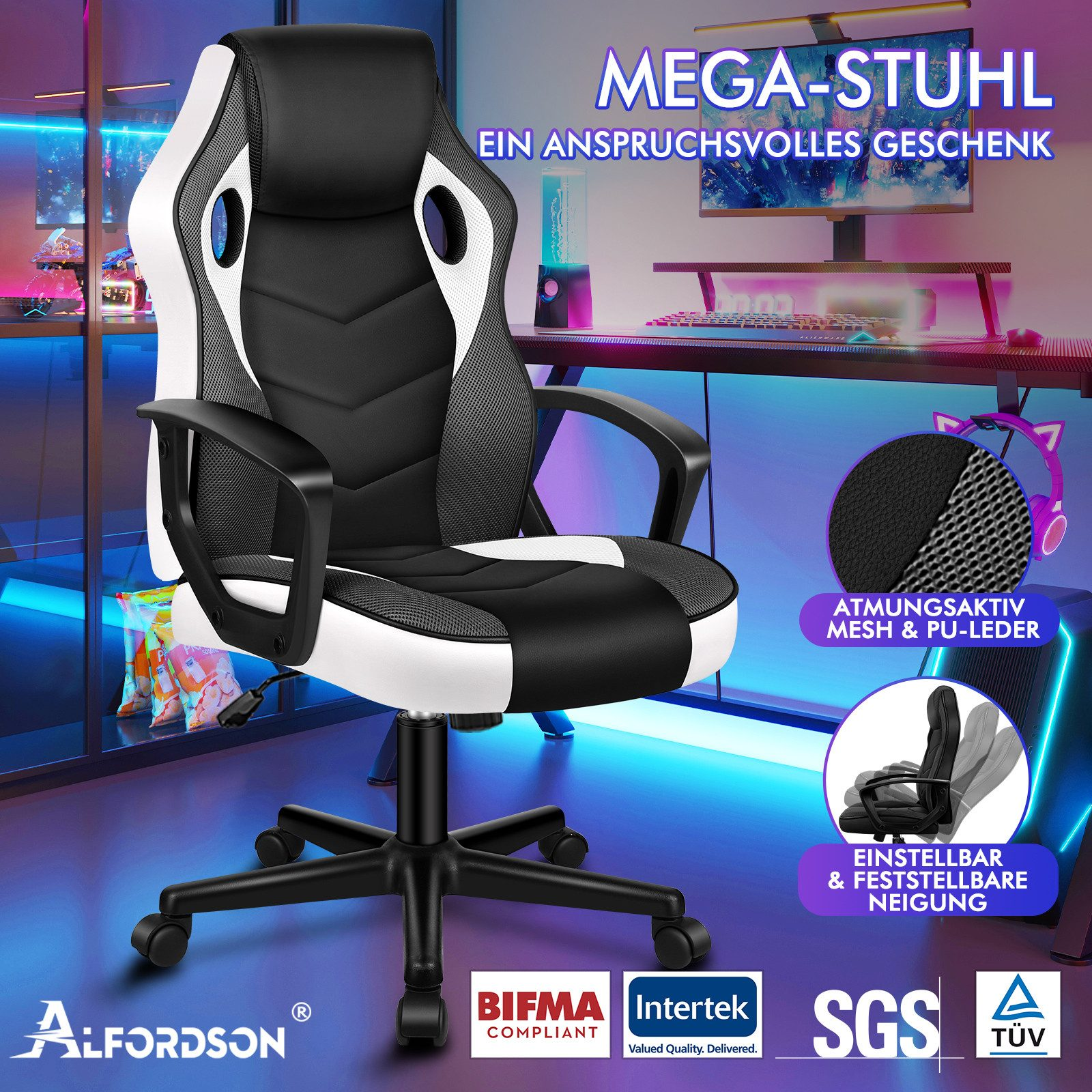 Gaming-Stuhl mit schwarzen, weißen Akzenten. Verfügt über verstellbare Höhe und Rückenlehne. Mesh und PU-Leder.