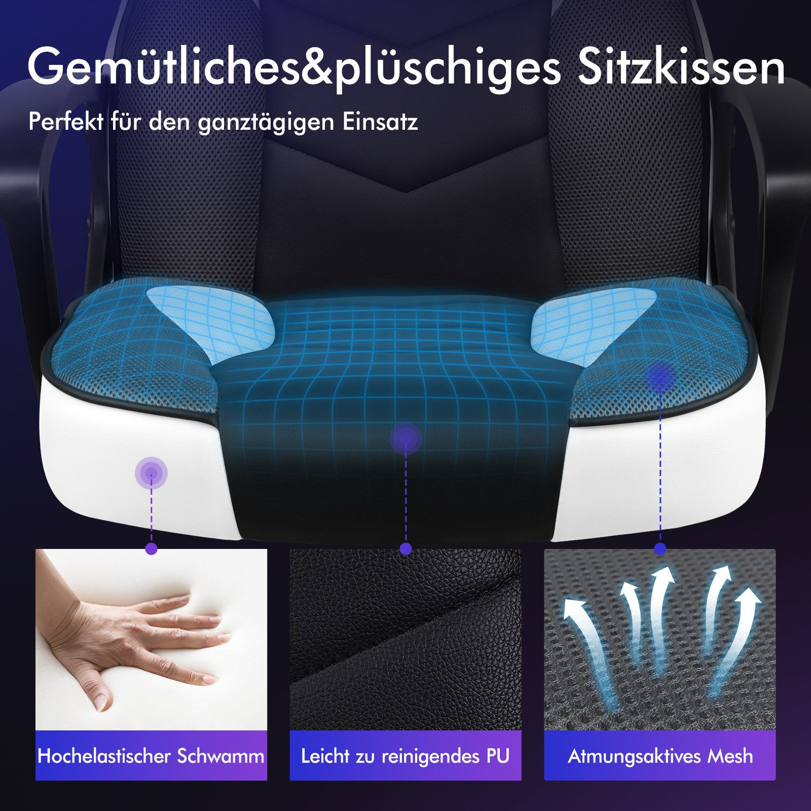 Nahaufnahme eines ergonomischen Schwarz-Weiß-Stuhls mit blauen Akzenten. Merkmale: atmungsaktives Mesh und weicher Schaum.
