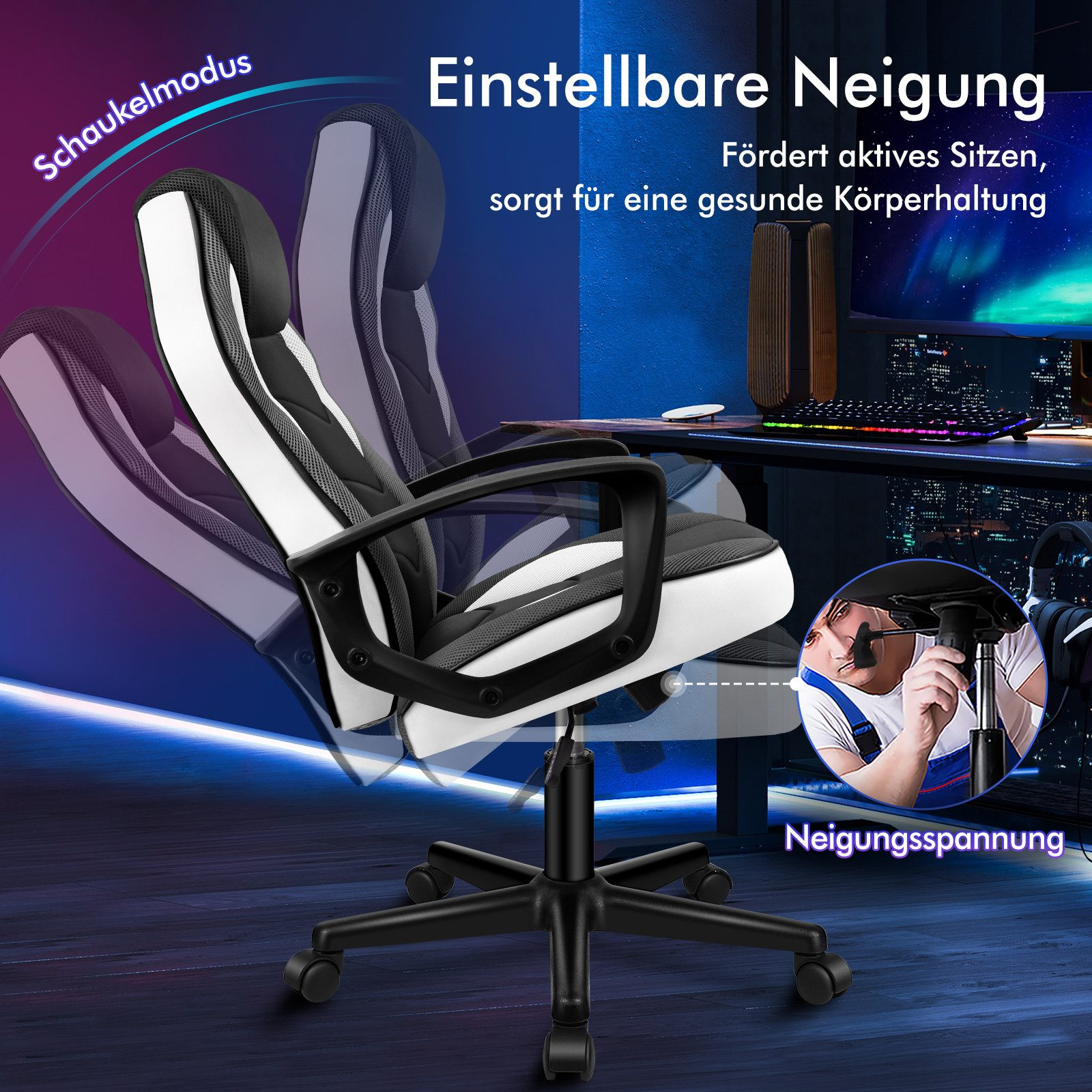 Ein Gaming-Stuhl mit verstellbaren Funktionen. Zu den Merkmalen gehören die einstellbare Neigung und eine Person, die die Spannung des Stuhls einstellt.