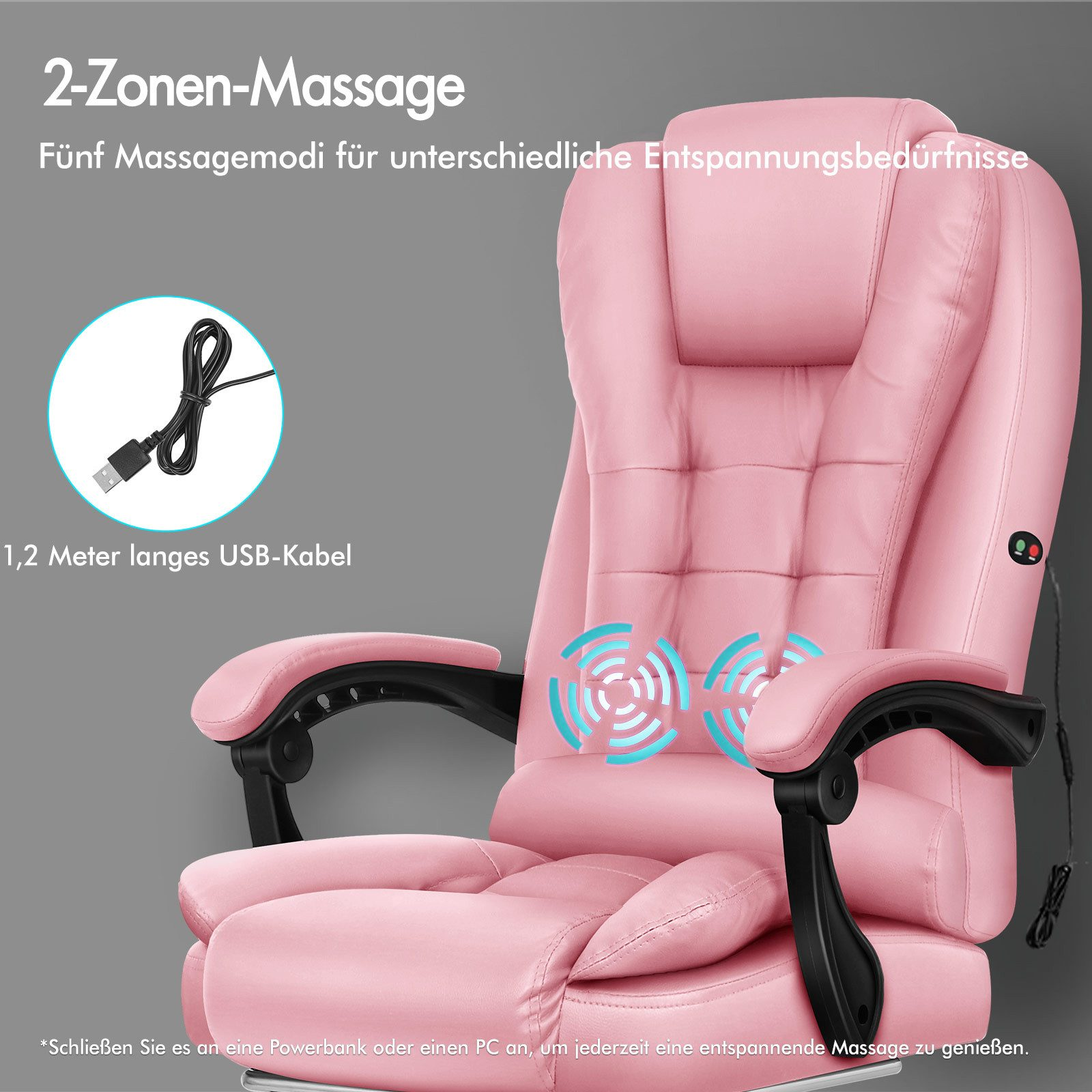 Rosa Massagestuhl mit schwarzen Akzenten. Hat ein USB-Kabel und Massagezonen-Symbole.