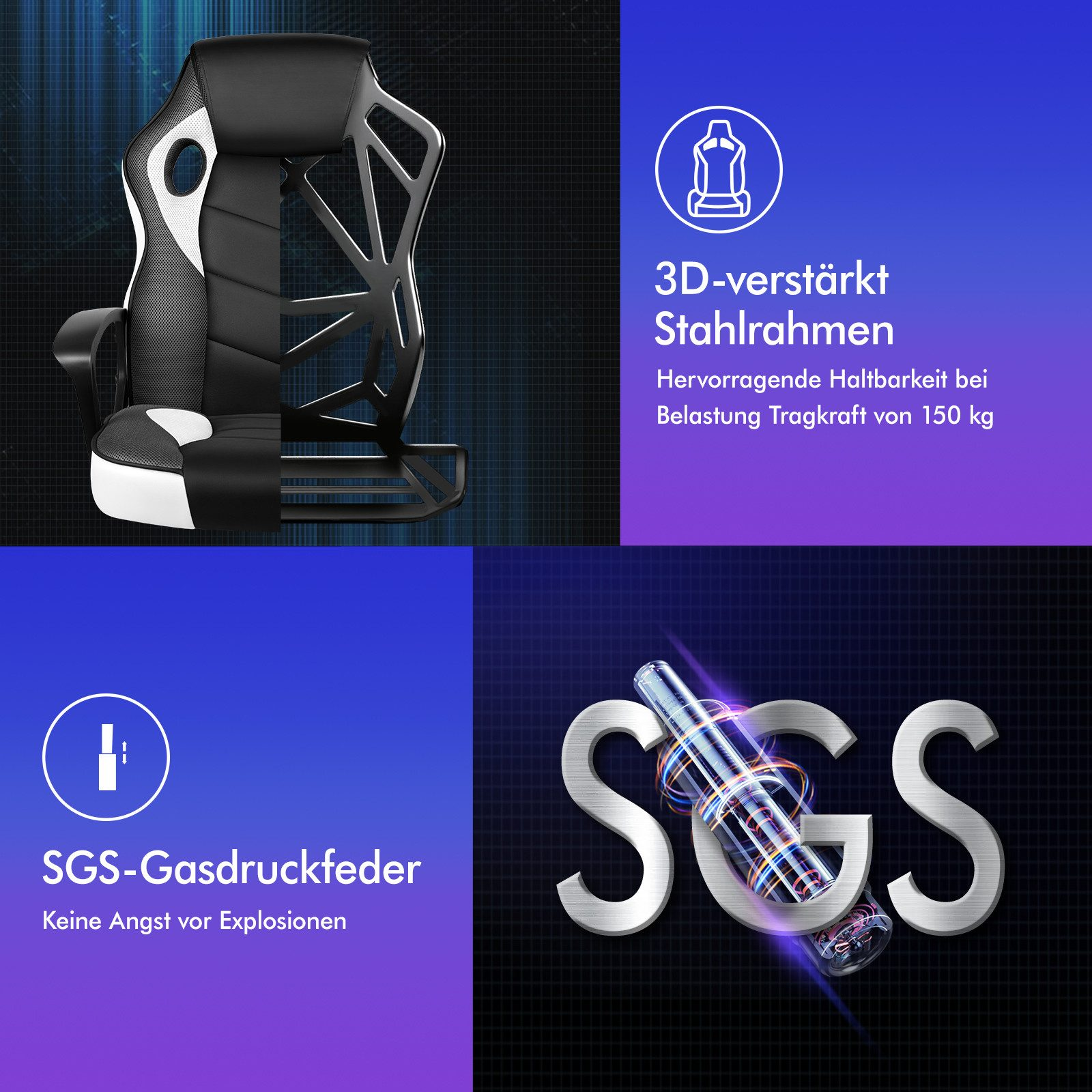 Ein Gaming-Stuhl mit schwarz-weißem Design wird angezeigt. Zu den Merkmalen gehören ein Stahlrahmen, eine SGS-Gasfeder und ein SGS-Logo.