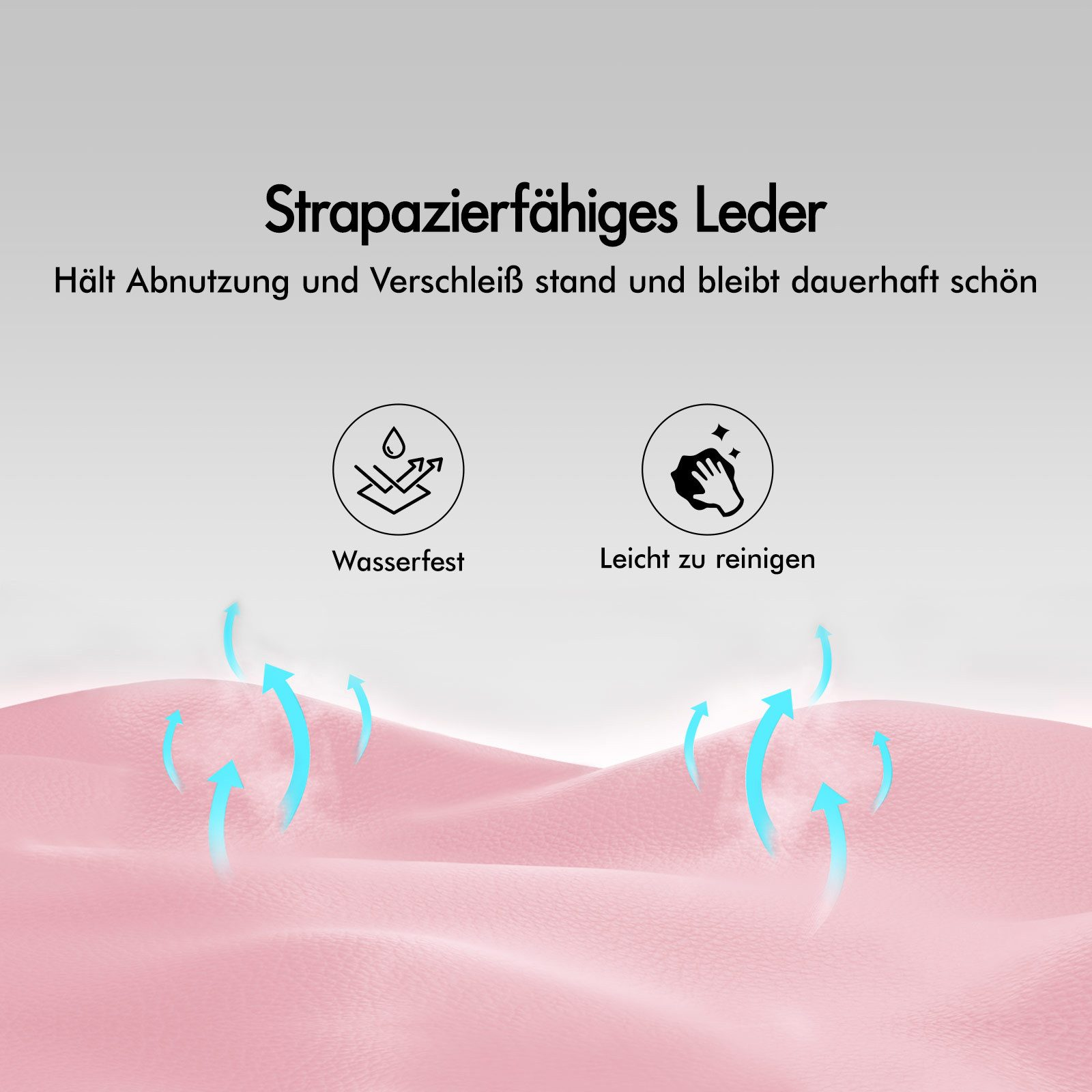 Das Bild zeigt strapazierfähiges Leder mit Text und Symbolen für wasserfest und leicht zu reinigen. Rosa Textur mit Pfeilen nach oben.