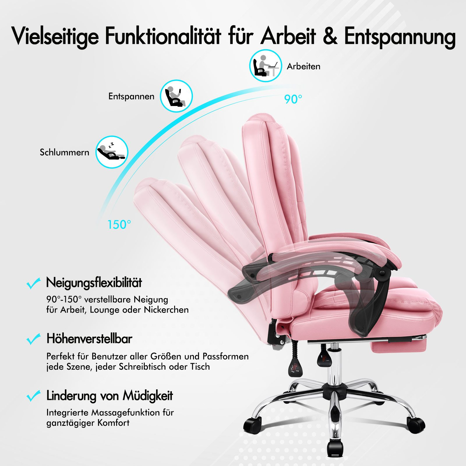 Rosa Bürostuhl mit verstellbaren Funktionen. Zeigt verschiedene Winkel für Arbeit und Entspannung.