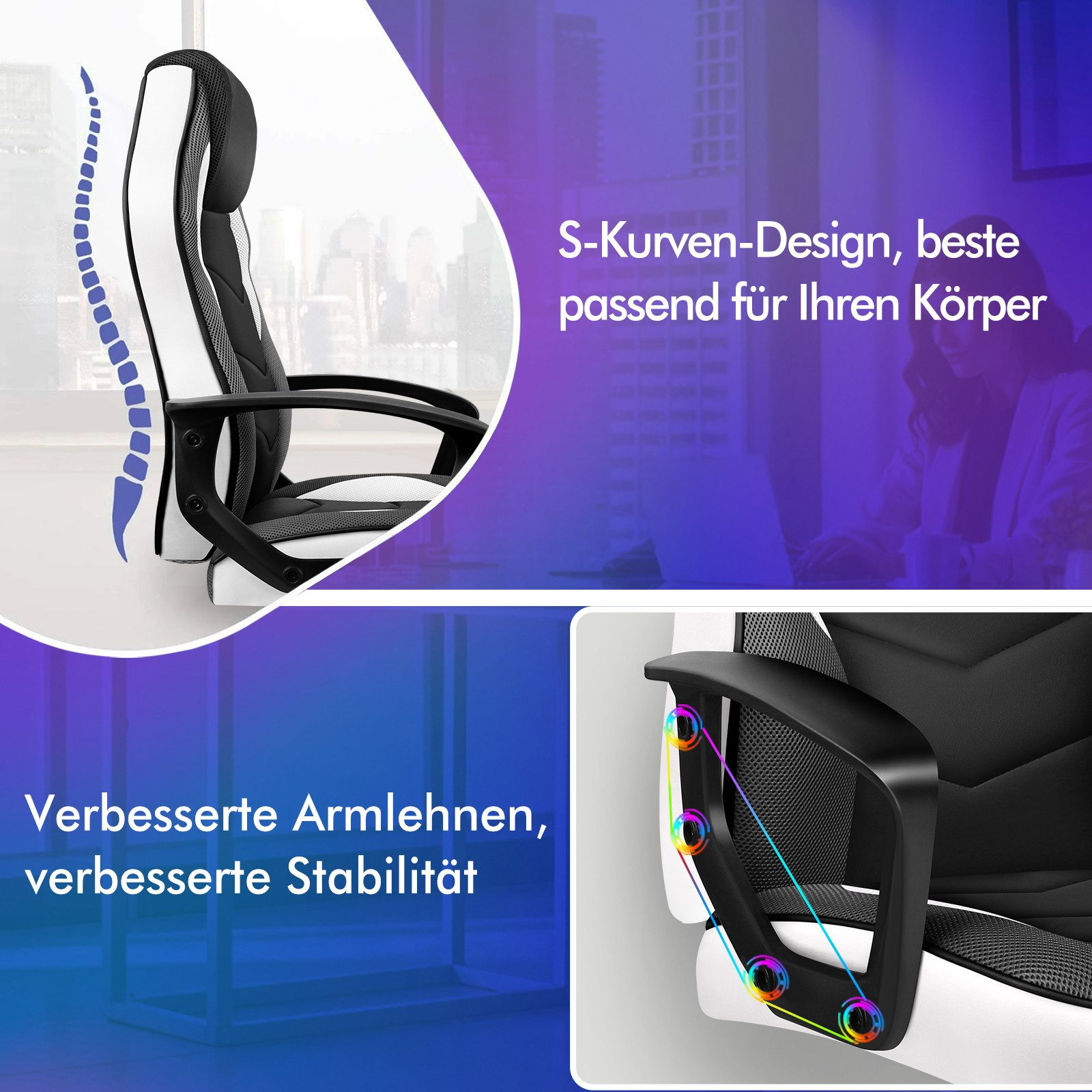 Ein weißer und schwarzer ergonomischer Stuhl mit Text, der seine Eigenschaften und sein Design beschreibt, vor einem verschwommenen Hintergrund.