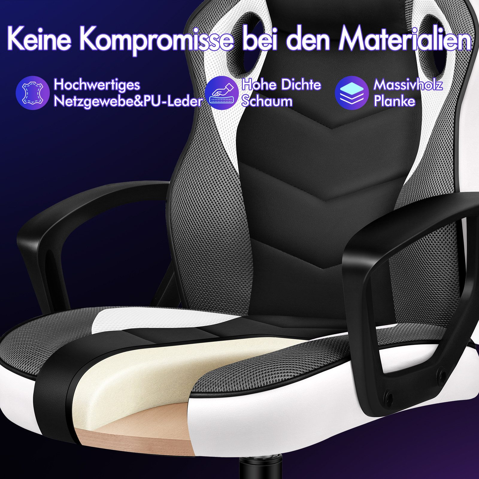 Gaming-Stuhl mit Schnitt, der Schichten zeigt: Mesh, PU-Leder, Schaumstoff und Holz. Text deutet auf hochwertige Materialien hin.