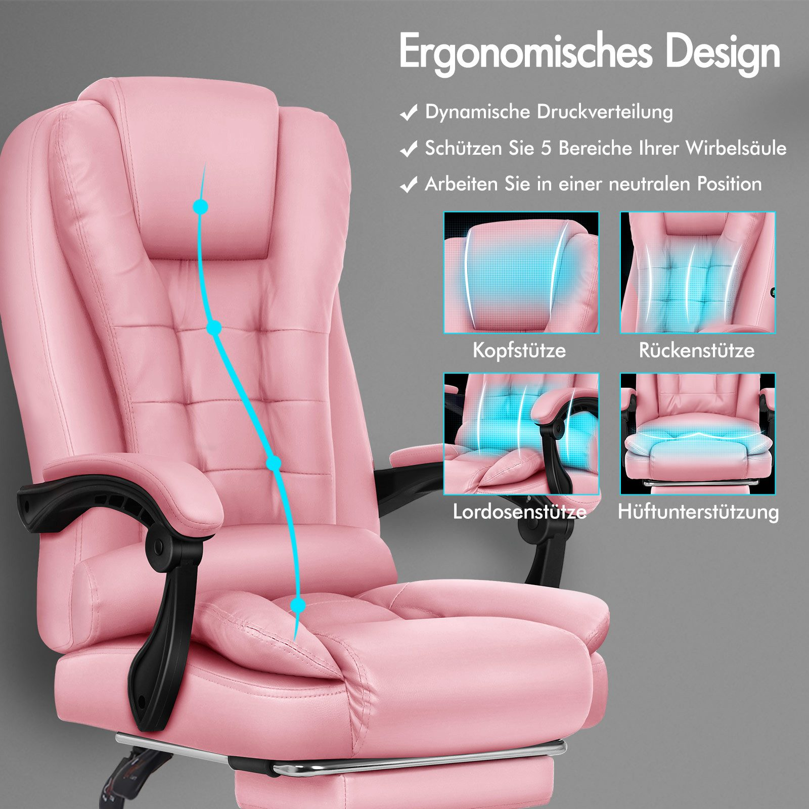 Rosa ergonomischer Bürostuhl mit schwarzen Armlehnen. Illustrationen zeigen Kopf-, Rücken-, Lenden- und Hüftstütze.