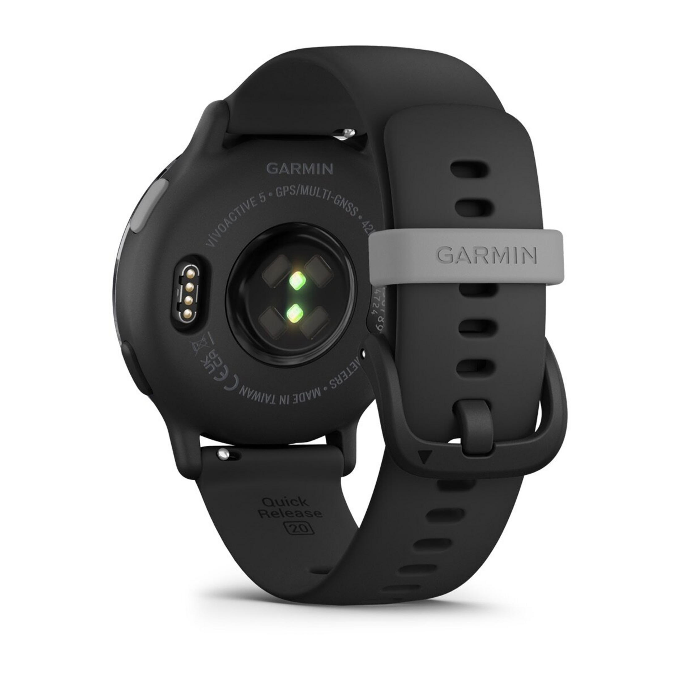 Schwarze Garmin Vivoactive 5 Smartwatch, Rückansicht. Zeigt Sensoren, Armband und Riemendetails. Graue Schnalle und Text sichtbar.