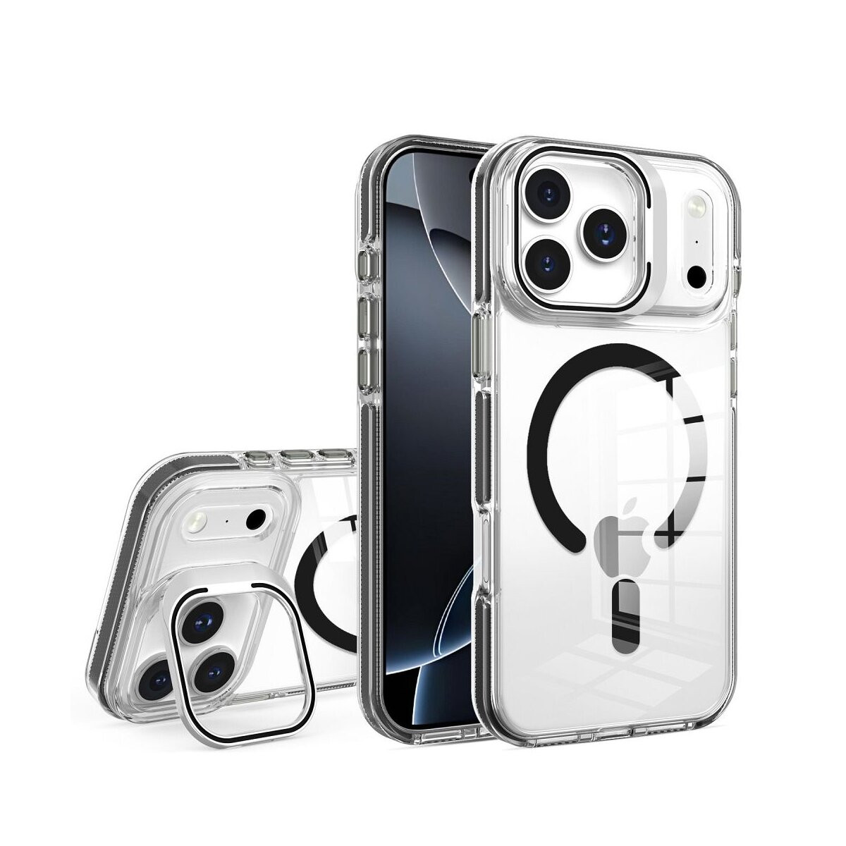 Drei transparente Handyhüllen mit einem Telefon darin. Die Hüllen haben schwarze Apple-Logos und Kameraschutz. Weißer Hintergrund.