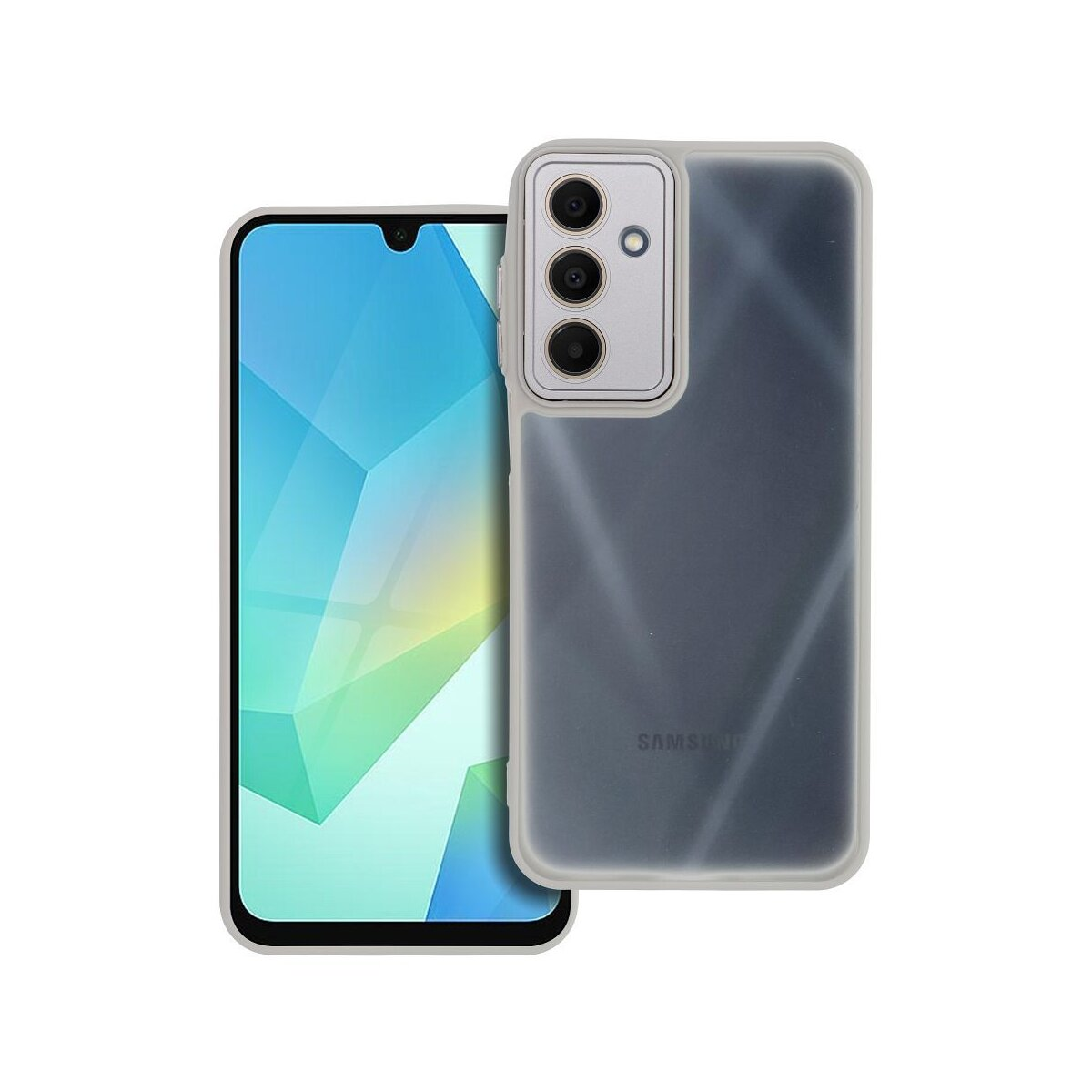 Ein Smartphone in einer transparenten Hülle liegt neben seiner Hülle. Das Telefon hat einen Bildschirm mit hellblauen und weißen Formen. Die Hülle hat eine Kamera.