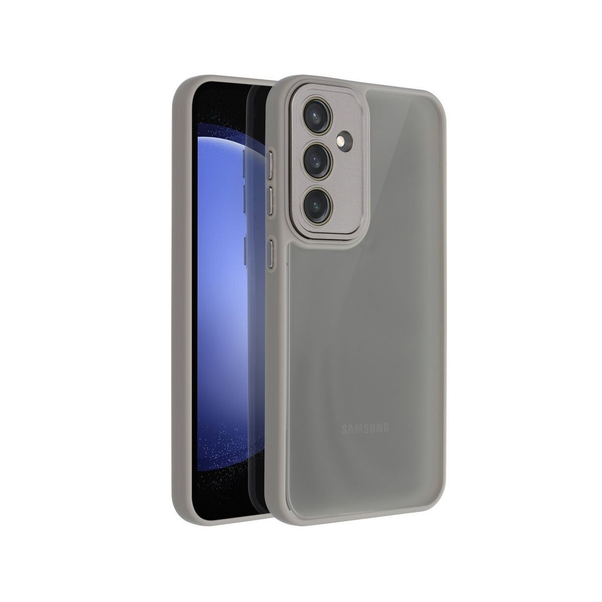 Eine graue Handyhülle mit einem Telefon darin. Die Hülle hat ein Kameramodul, und der Bildschirm ist sichtbar.