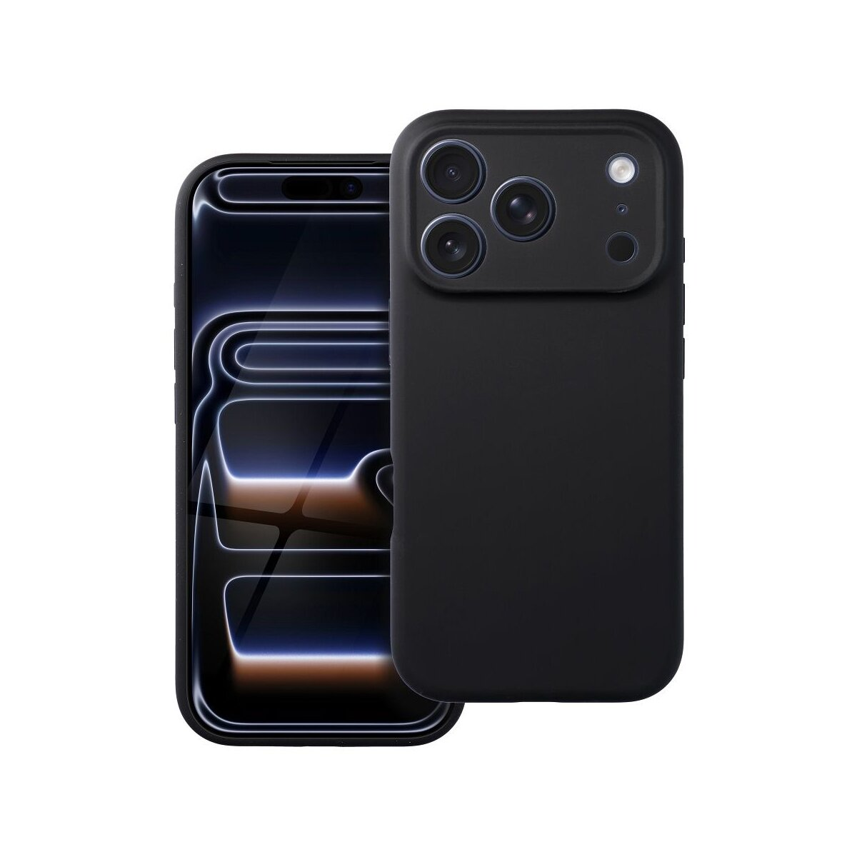 Schwarzes iPhone mit schwarzer Schutzhülle. Der Bildschirm zeigt eine leuchtende Benutzeroberfläche. Drei Kameralinsen sind sichtbar.