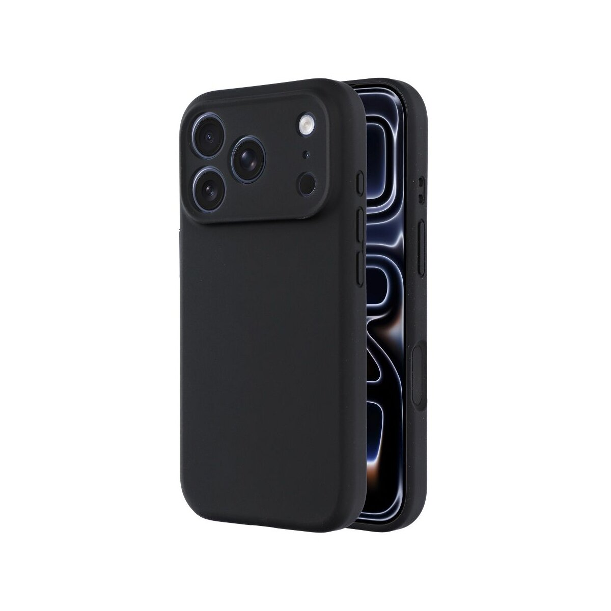 Ein schwarzes iPhone mit Schutzhülle. Die Hülle hat einen Kameraausschnitt und bedeckt Rückseite und Seiten des Telefons.