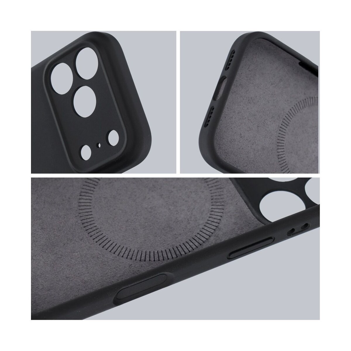 Schwarze Handyhülle mit Kameraausschnitten und Knöpfen. Grauer Innenraum mit kreisförmigem Design. Nahaufnahmen vor grauem Hintergrund.