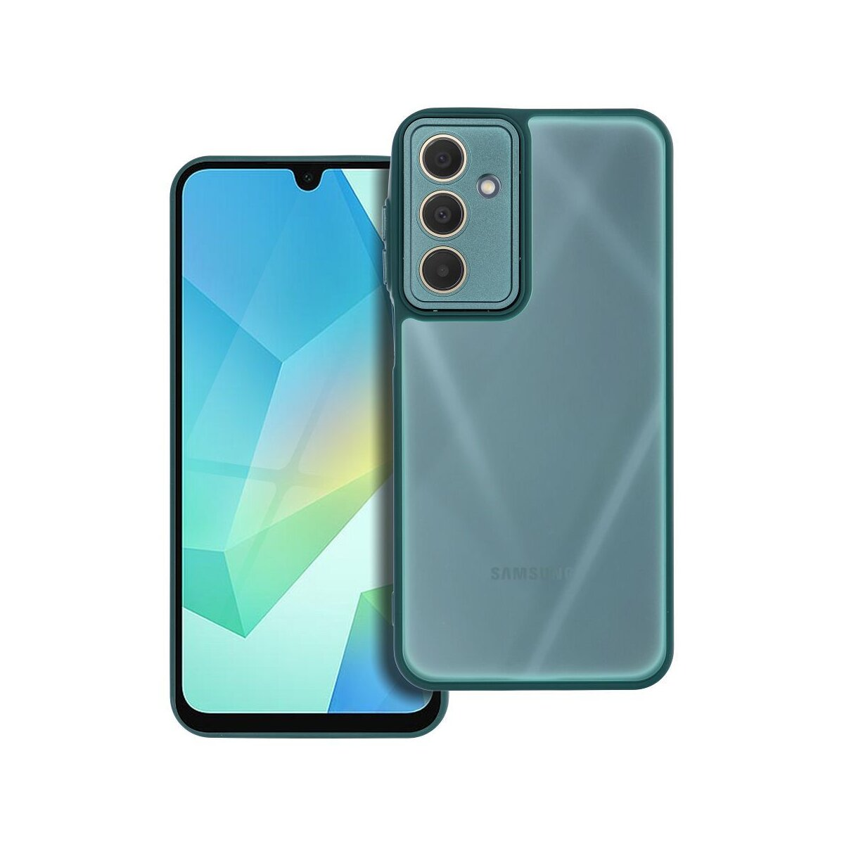 Ein türkisfarbenes Smartphone mit Hülle wird gegen ein anderes gelehnt gezeigt. Das Telefon hat drei Kameralinsen. Weißer Hintergrund.