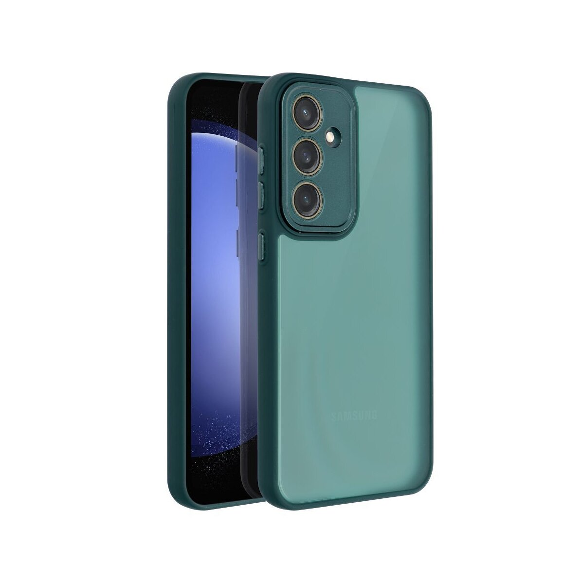 Eine teal Handyhülle mit einem Telefon darin. Die Hülle hat einen Kameraausschnitt und der Bildschirm ist sichtbar.