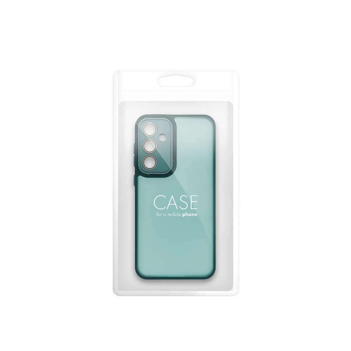 Eine türkisfarbene Handyhülle in einer durchsichtigen Plastikverpackung. Die Hülle hat einen Kameraausschnitt. Text: 'CASE for a mobile phone'.