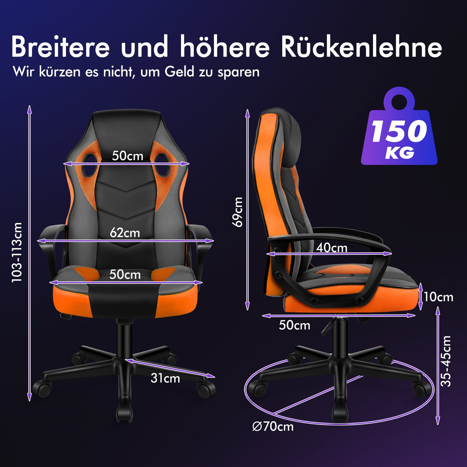 Illustration eines Gaming-Stuhls, schwarz und orange, mit Abmessungen und einer Tragfähigkeit von 150 kg.