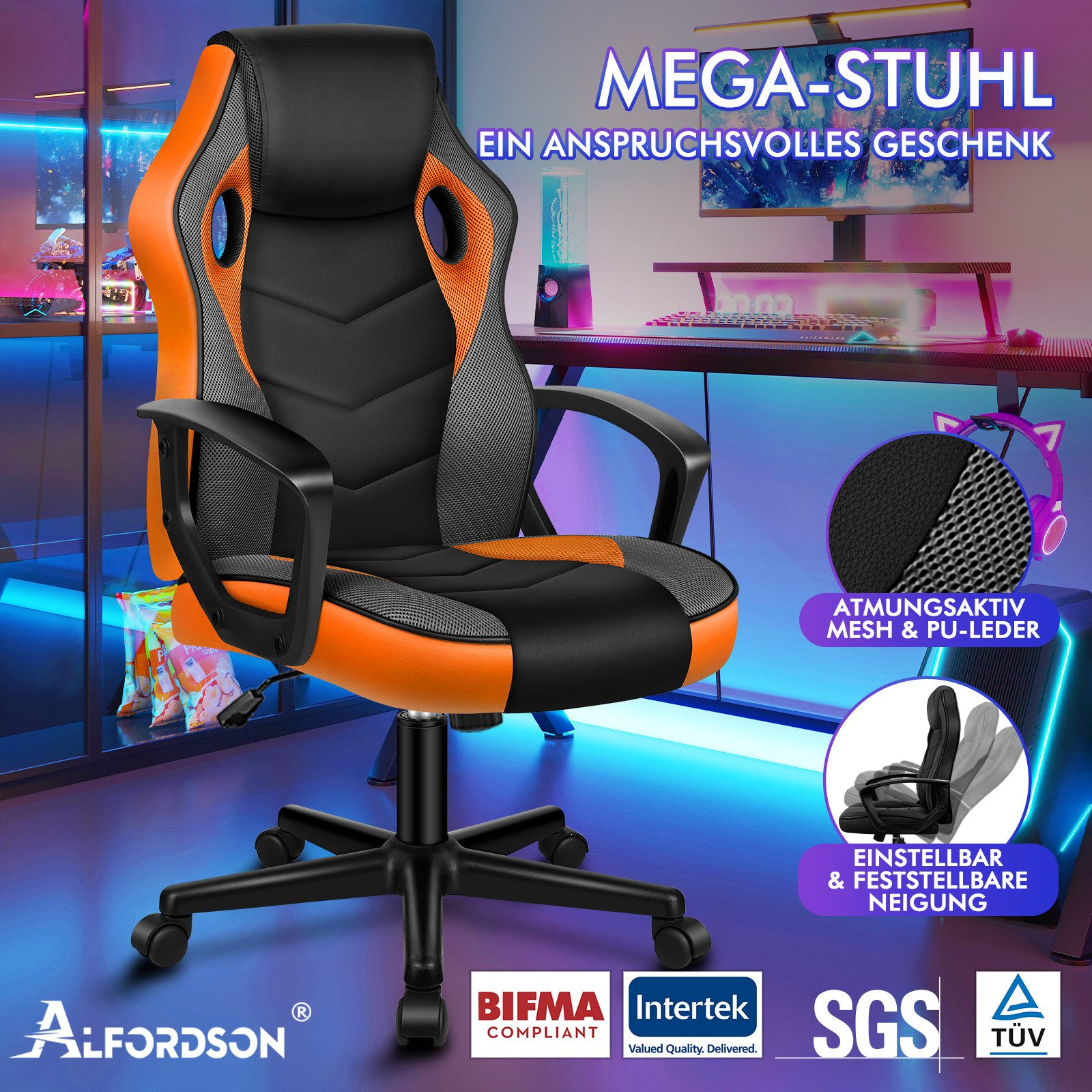 Gaming-Stuhl mit orangefarbenen und schwarzen Details. Der Stuhl steht vor einem Schreibtisch mit Monitor und Tastatur.